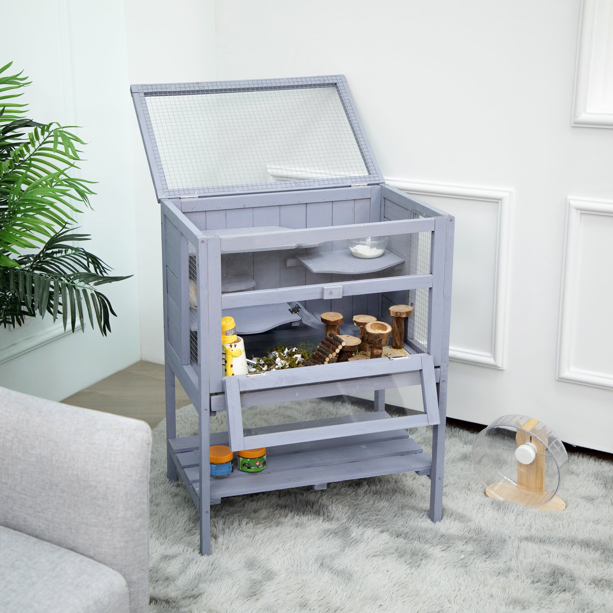 CoSoTower Hamster Wooden Cage with Pull Out Tray， Indoor/Outdoor Pet House for Small Animals， Transparent Acrylic Plate - Gray