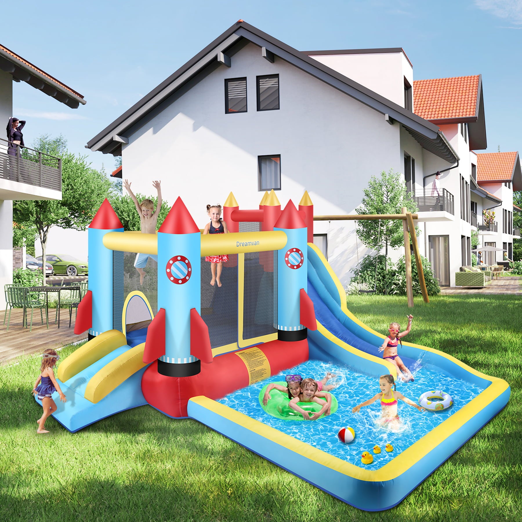 Inflatable Bounce House with Blower Children Bouncer with Large Bounce Area， 2 Slides， Climbing Wall， Play Pool， Water Slide， Park/Castle Theme