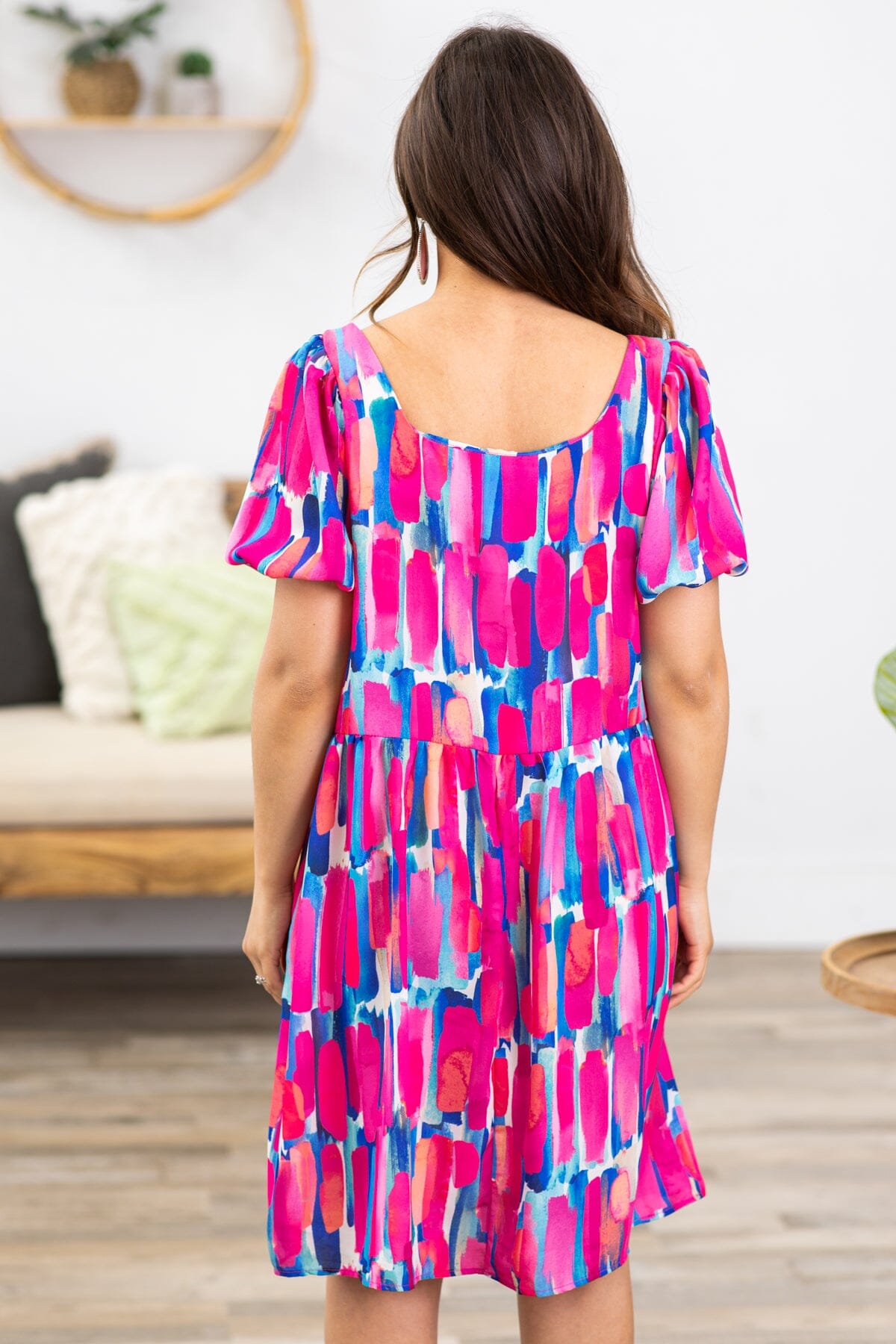 Fuchsia and Cobalt Abstract Print Dress
