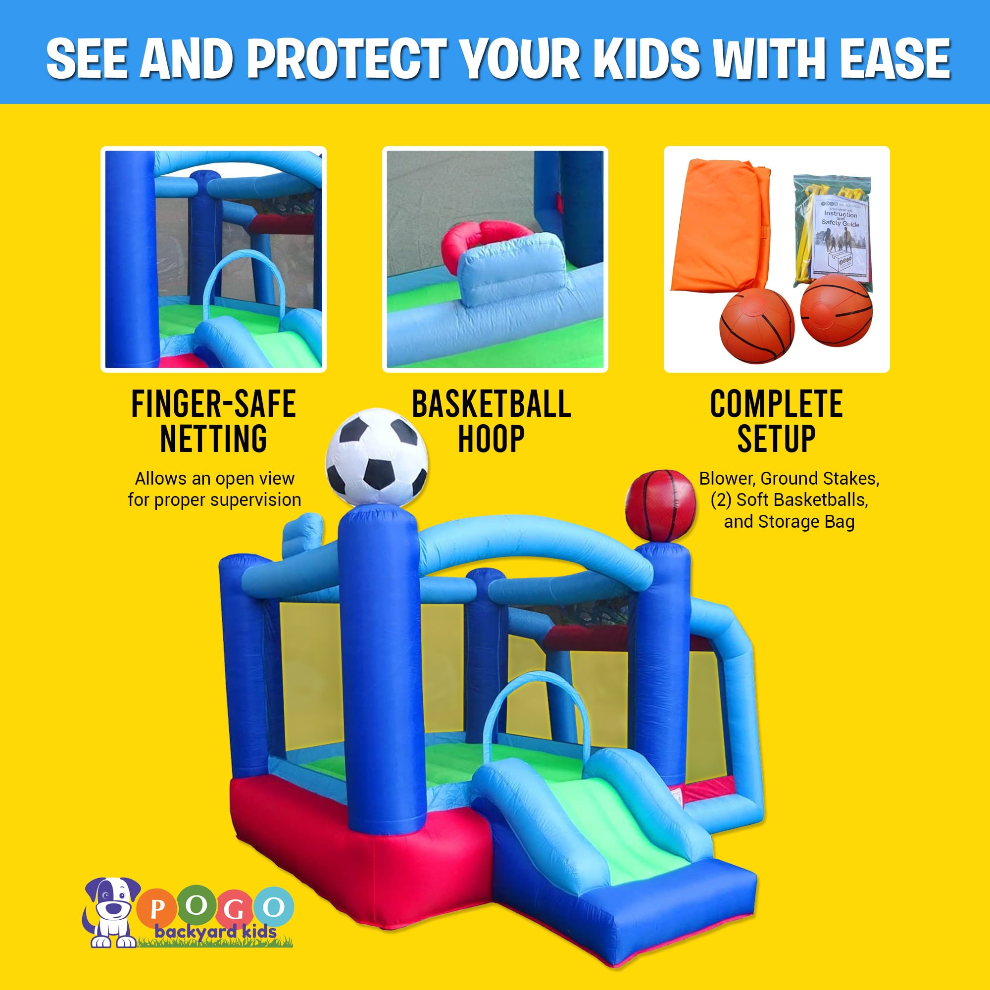 Pogo Bounce House Backyard Kids Sports Arena Inflatable Bounce House with Soccer Goal