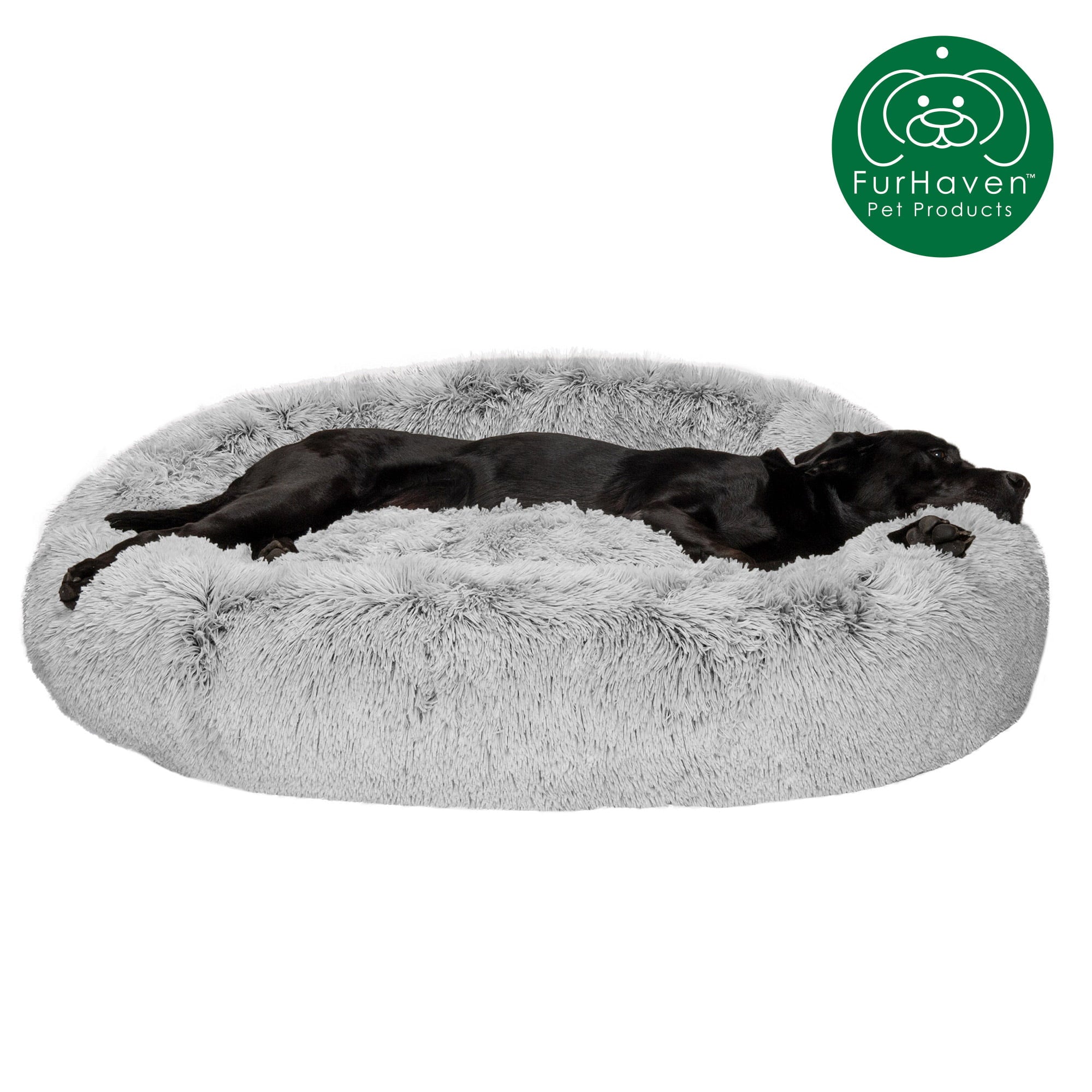 FurHaven | Calming Cuddler Long Fur Donut Pet Bed for Dogs and Cats， Mist Gray， Jumbo