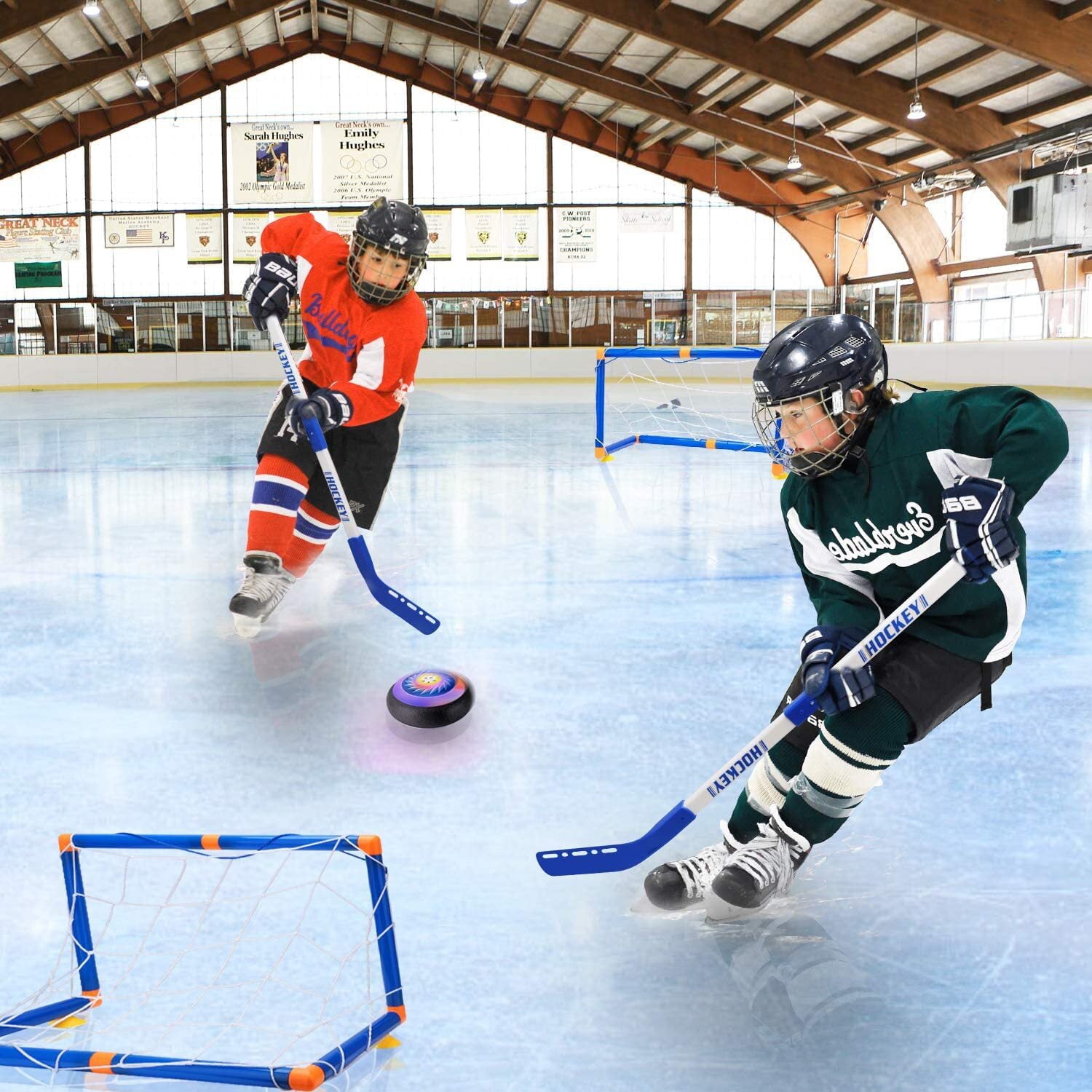 Beefunni Hover Hockey Set with 2 Hover Soccer Goals， Air Power Training Ball Playing Hockey Game for 3 - 12 Year Old Boys Girls