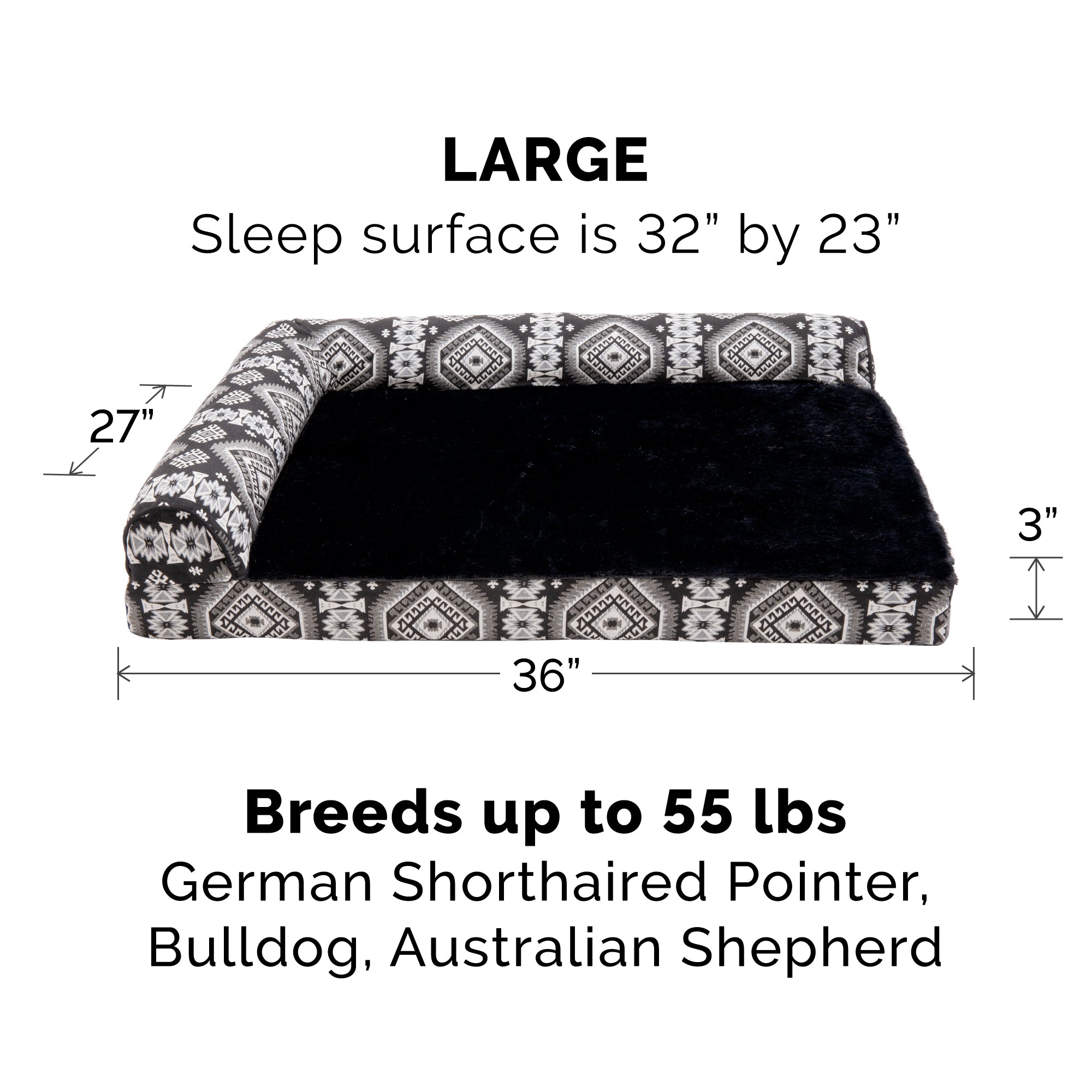 FurHaven Pet Dog Bed | Deluxe Memory Foam Southwest Kilim L-Shaped Chaise Couch Pet Bed for Dogs and Cats， Black Medallion， Large