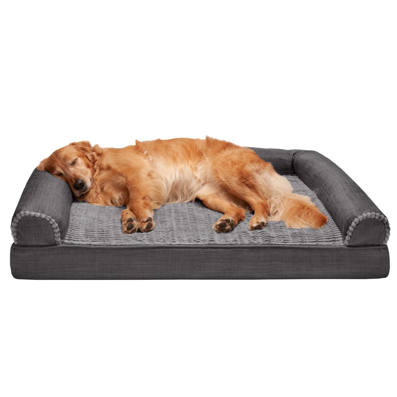FurHaven | Orthopedic Luxe Fur and Performance Linen Sofa Pet Bed for Dogs and Cats， Charcoal， Jumbo