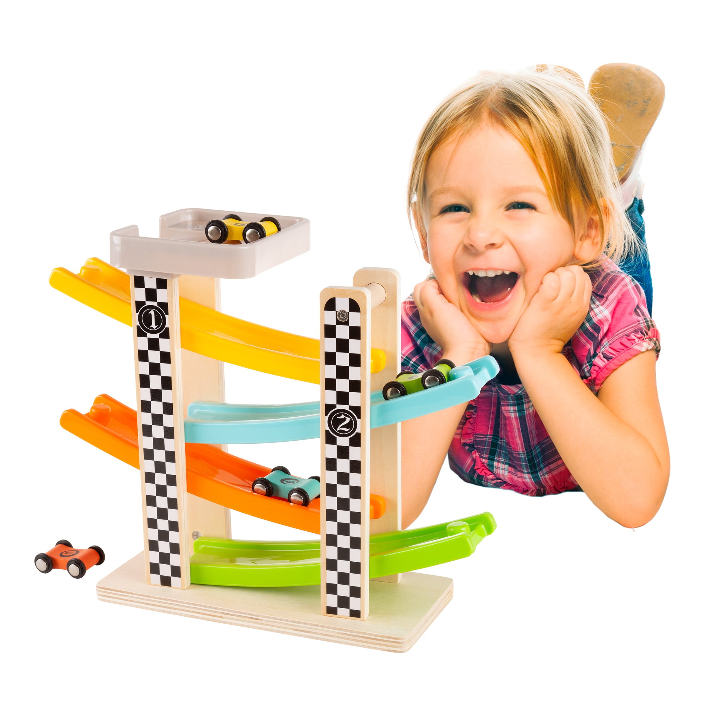 Toy Race Track and Racecar Set- Wooden Car Racer with 4 Colorful Cars by Hey! Play!