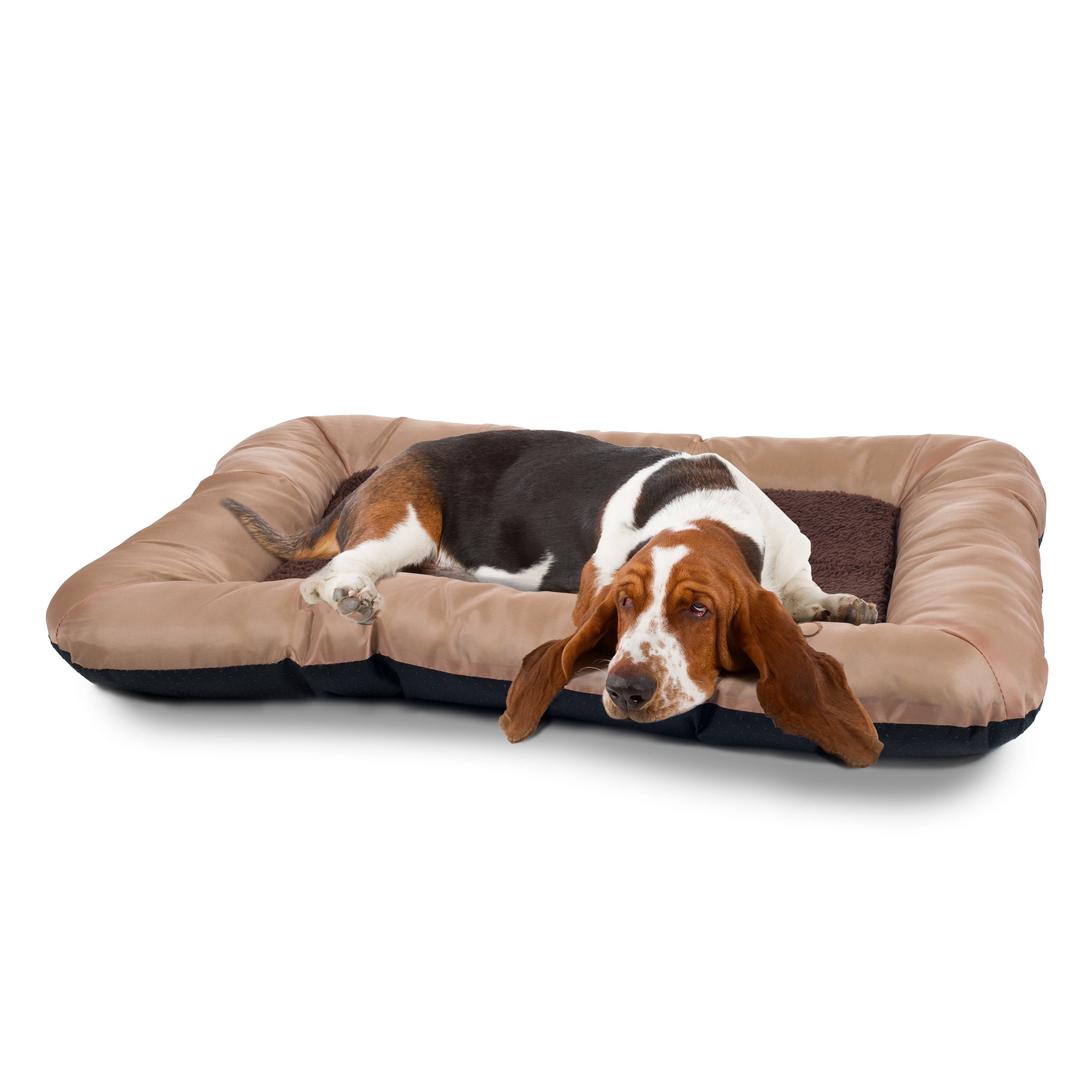 Dog Bed - 43x29 Pet Bed with Sherpa Sleep Surface， Memory Foam， Non-Skid Bottom， and Water-Resistant Nylon Neck Bolster Edging by PETMAKER (Tan)