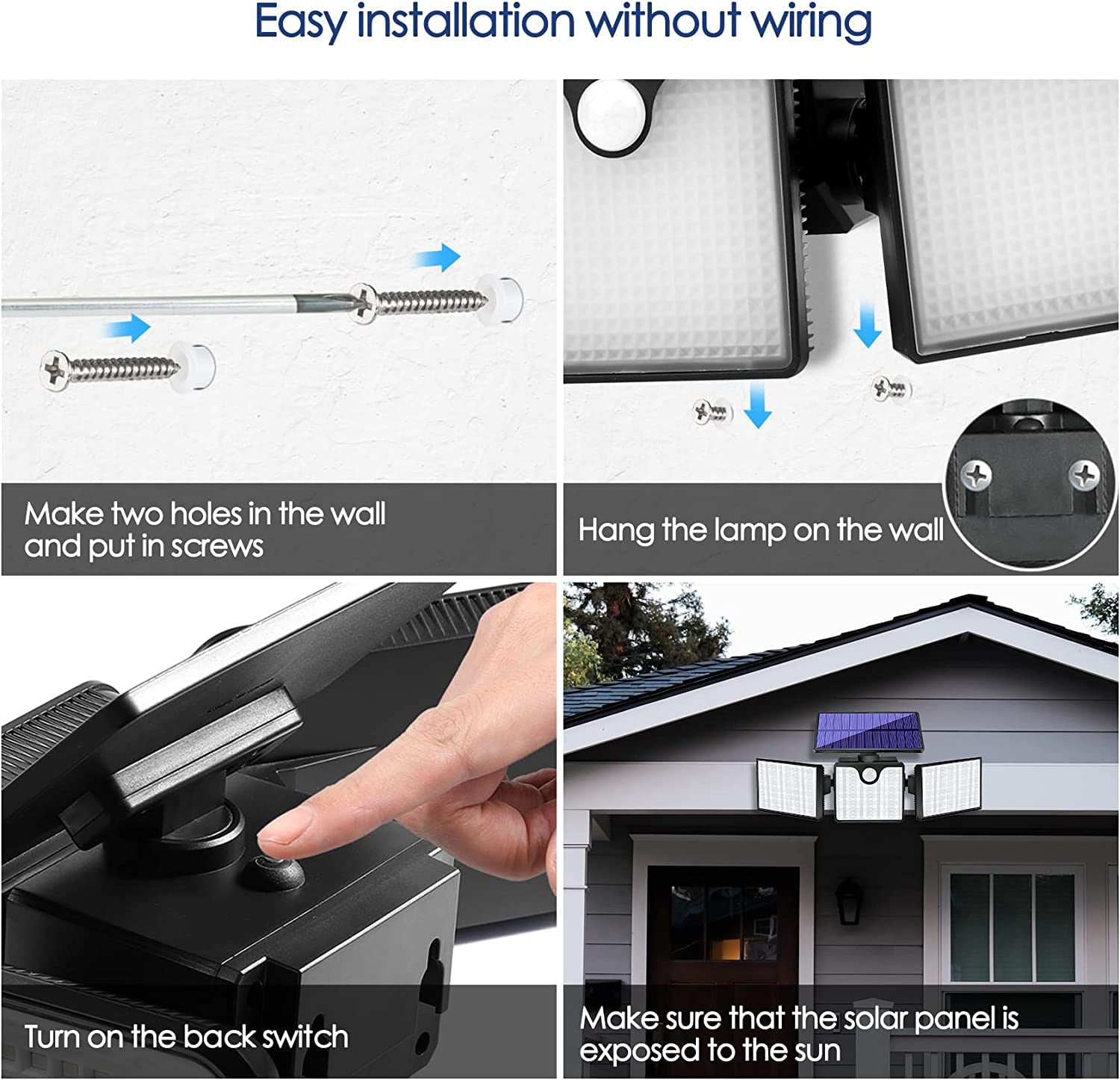 Ucgg Solar Light Outdoor， 1050Lm 299 LED Solar Flood Lights Adjustable 3 Head 270° Lighting with Motion Sensor， IP65 Waterproof for Porch Yard Exterior Wall -1Pack