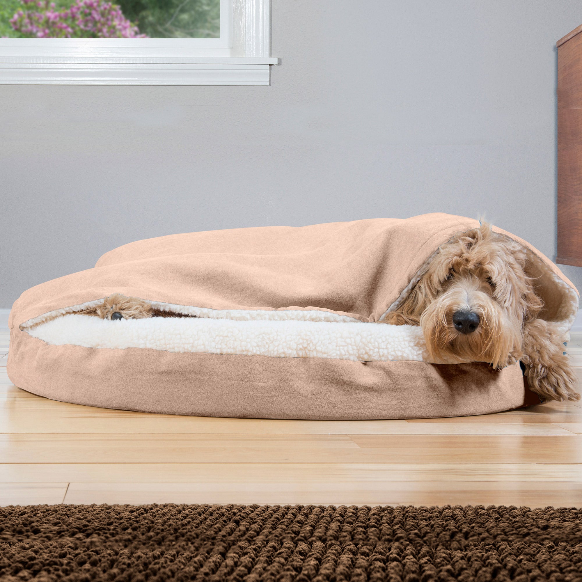 FurHaven Pet Products Orthopedic Faux Sheepskin Snuggery Burrow Pet Bed for Dogs and Cats， Cream， 35