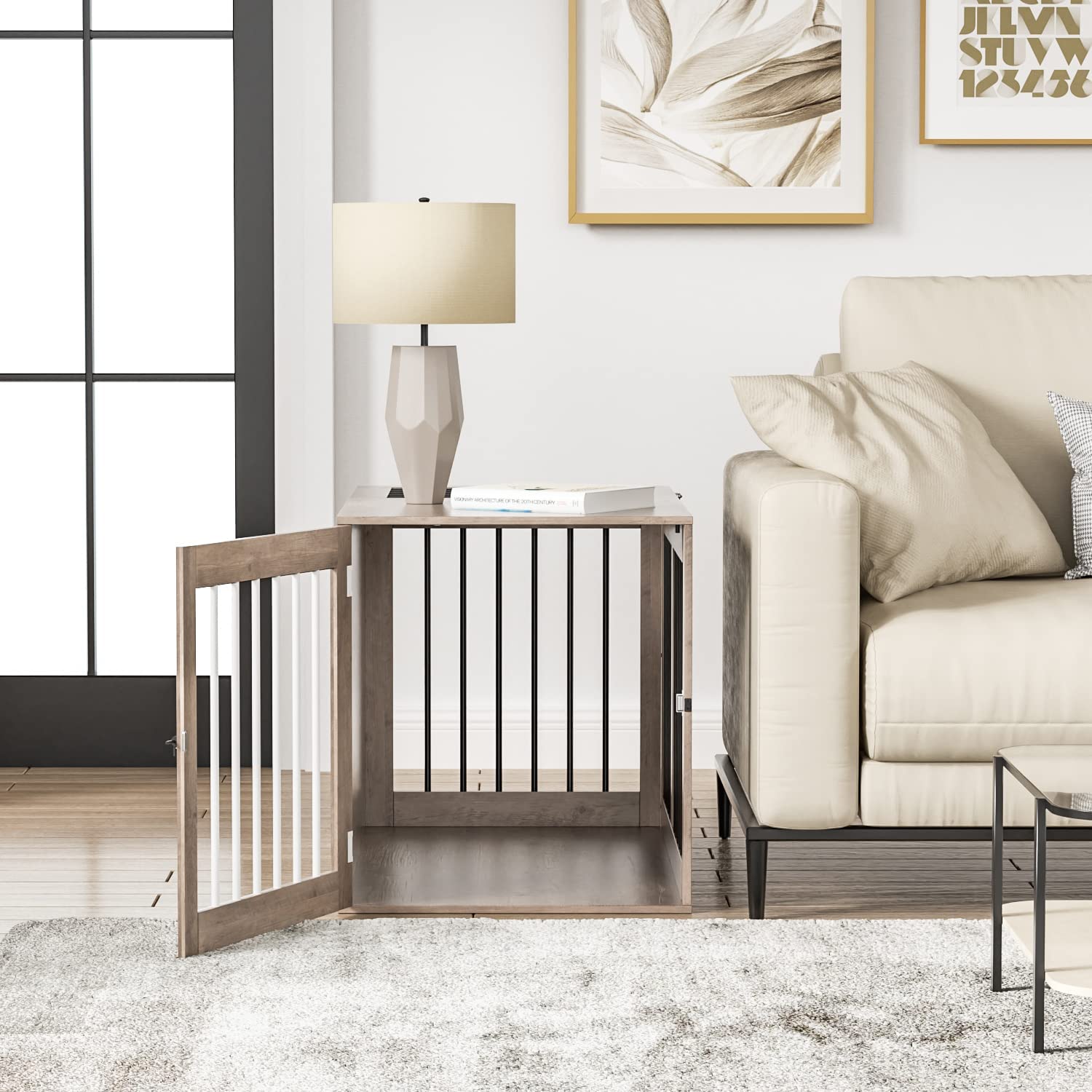 Furpezoo Dog Crate， Medium Dog Kennel Furniture Wood 2 Door Dog Cage， 32