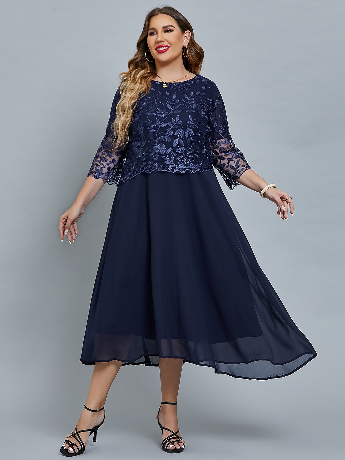Women's Plus Size Curve Party Dress Floral Crew Neck Mesh 3/4 Length Sleeve Winter Fall Elegant Prom Dress Maxi long Dress Formal Party Dress / Lace
