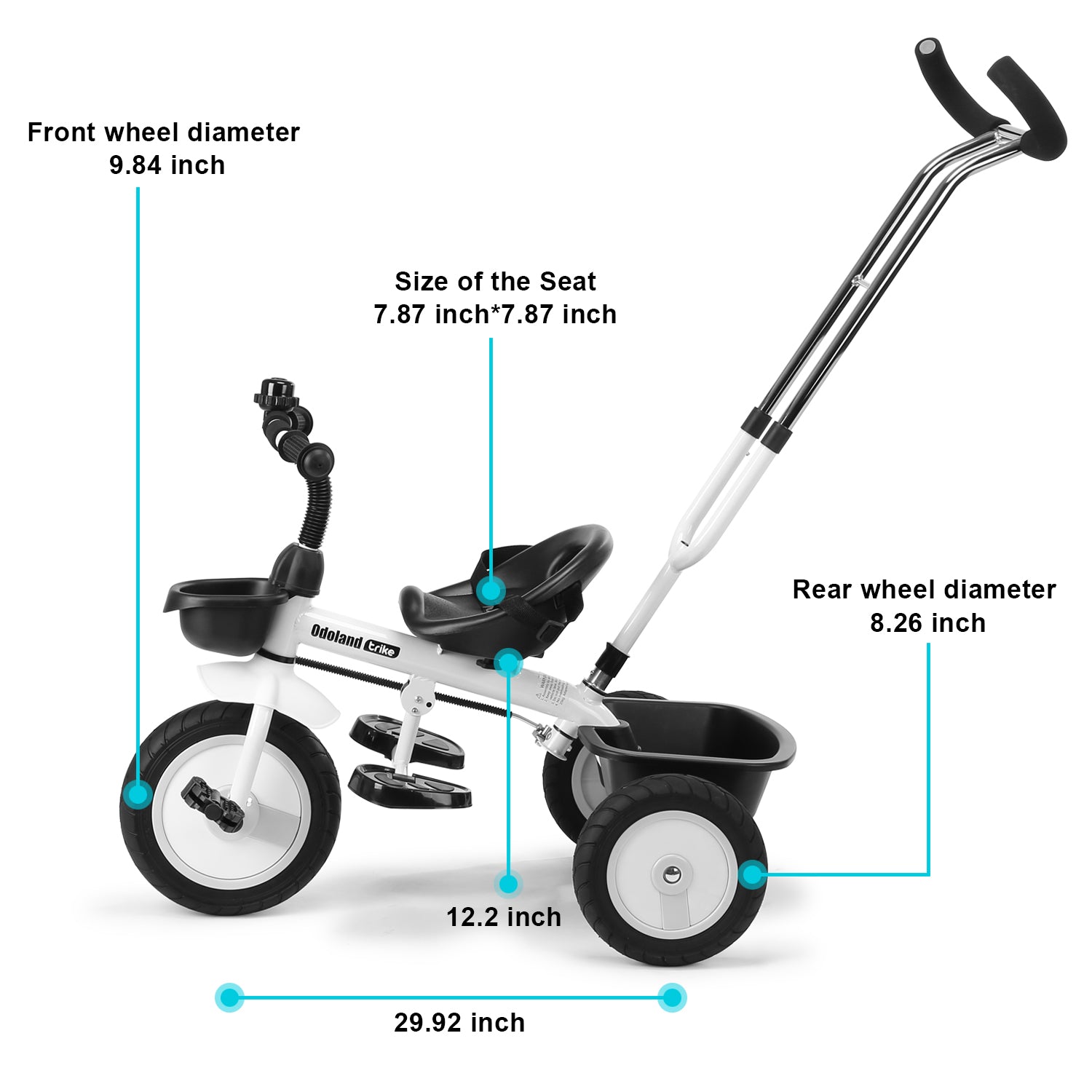 Odoland Kids' Tricycles Push Bike for 1-5 Years Old， Toddler Bicycle， Toddler Tricycle， Stroller Tricycle Walker With Retractable Push Handle，Safe Belt and 2 Storage baskets
