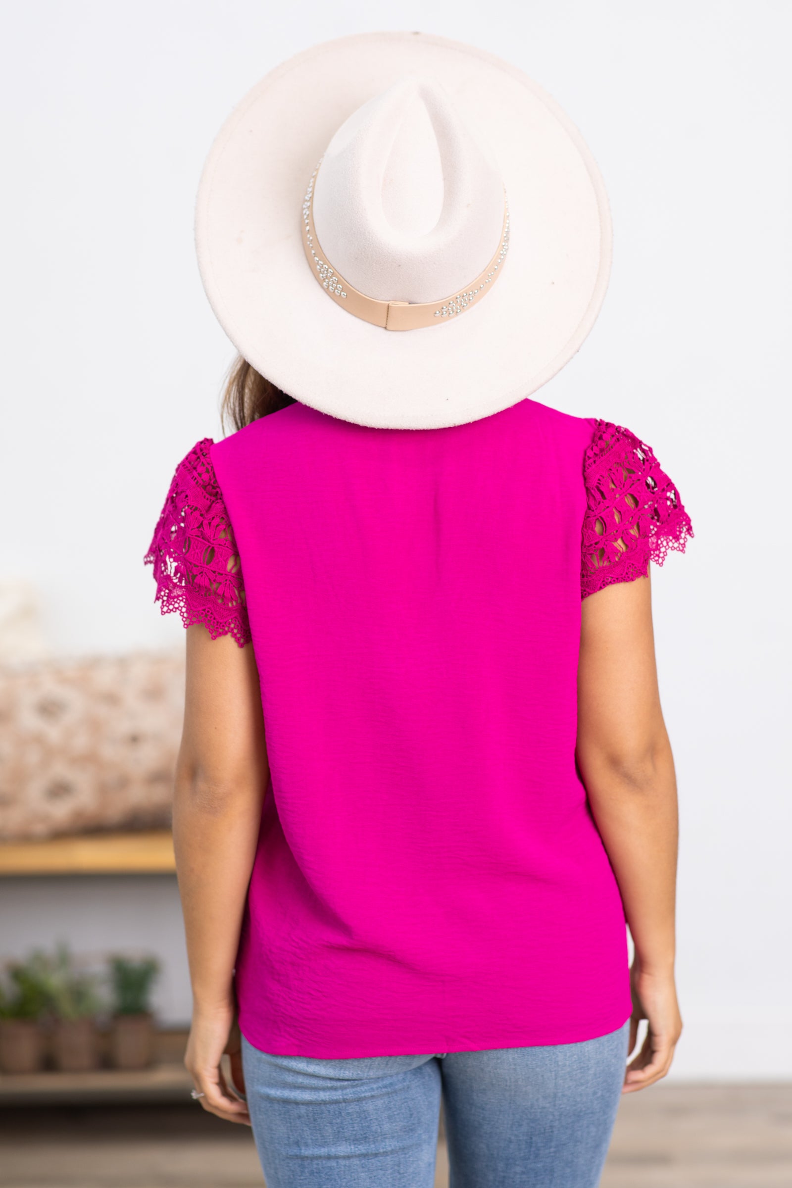 Fuchsia Crochet Sleeve Detail V-Neck Top