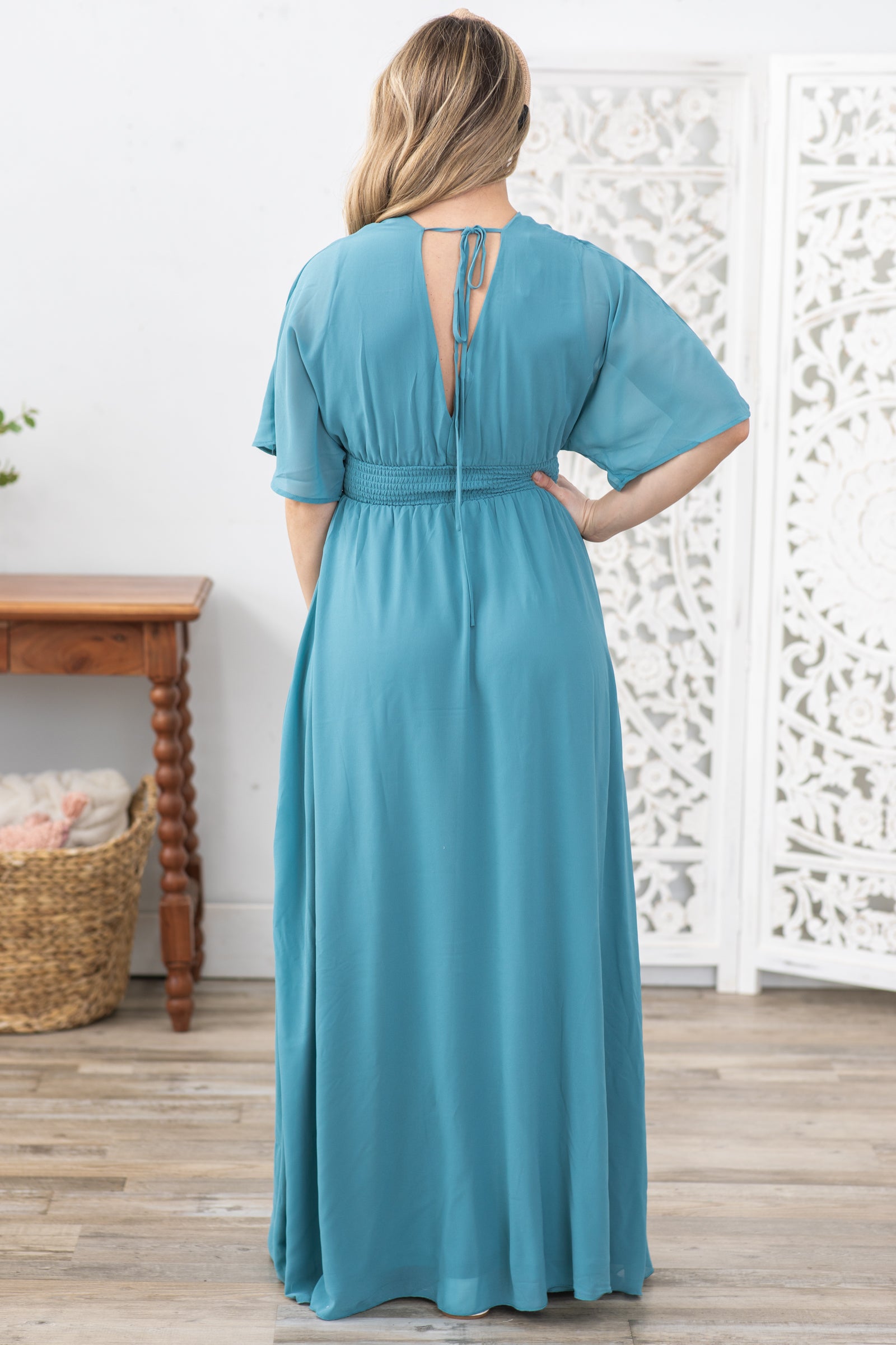 Dusty Teal Leg Slit Maxi Dress