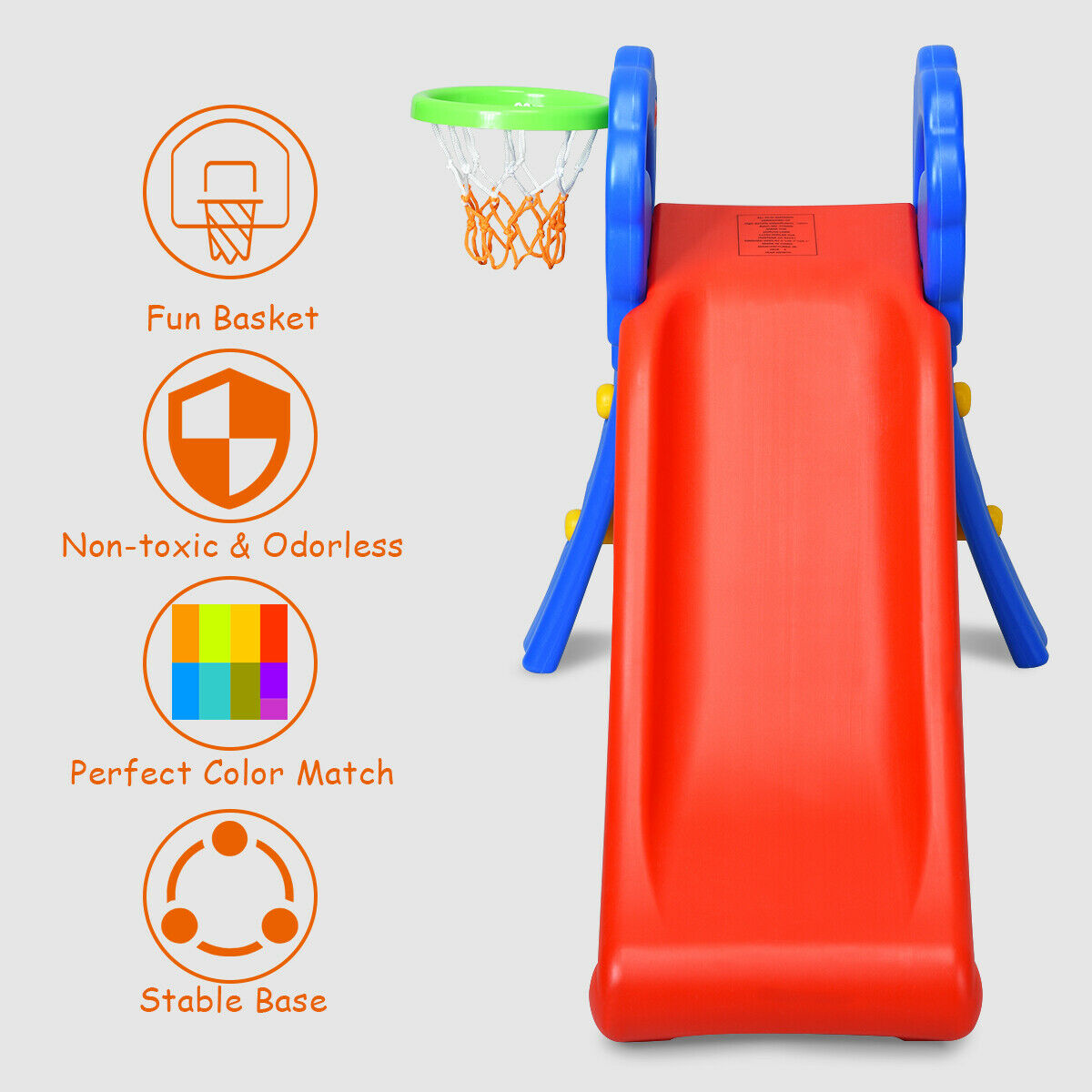 Gymax 2 Step Children Folding Slide w/ Basketball Hoop For Kids Indoor and Outdoor