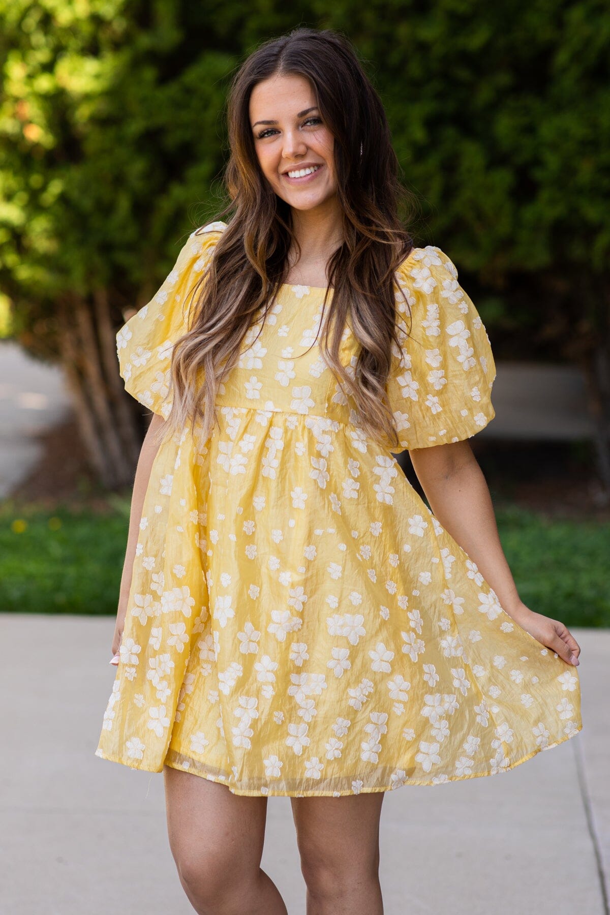 Pastel Yellow Floral Puff Sleeve Dress