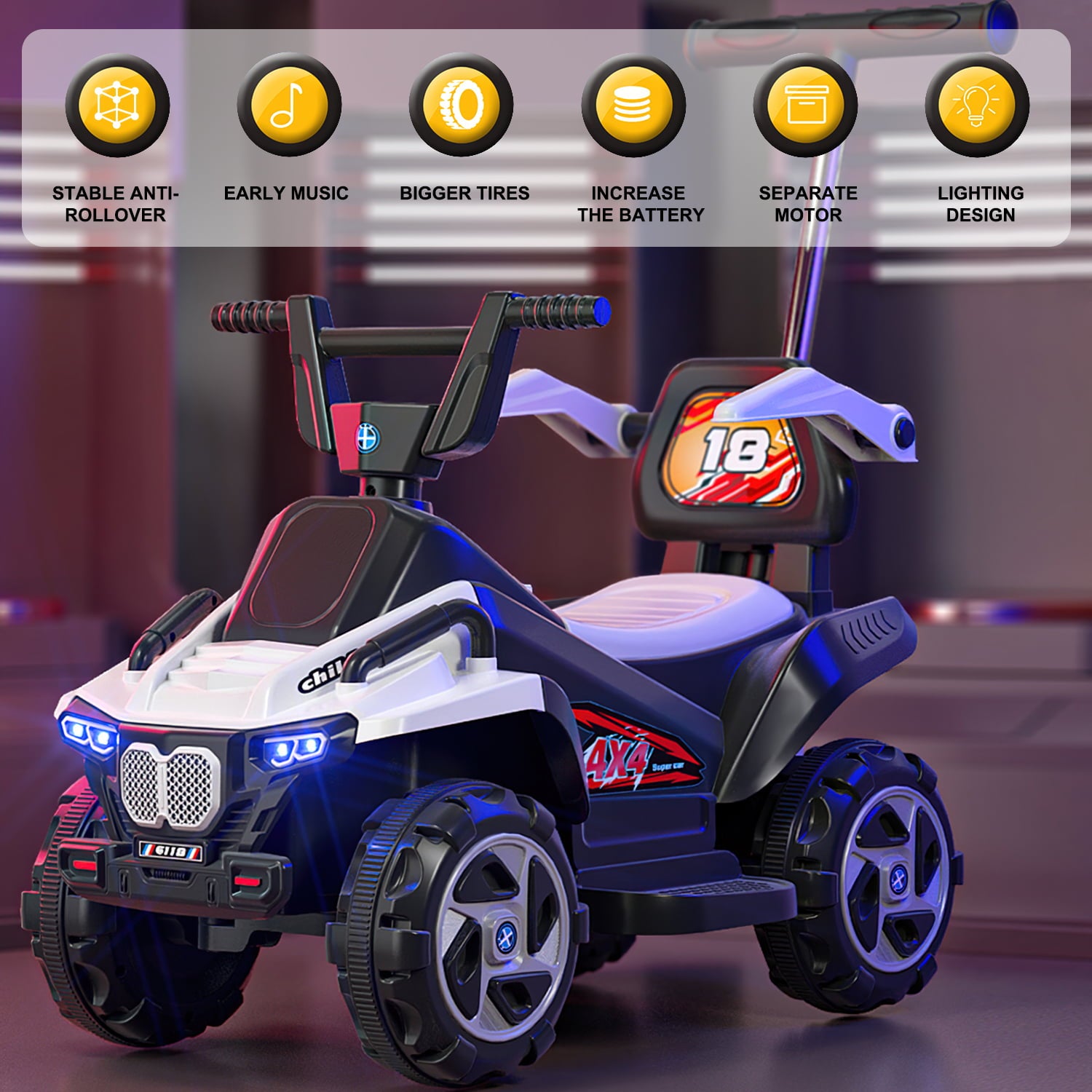 Werseon 6V Kids Ride-On Electric ATV， 4-Wheeler Quad Car Toy with LED Headlights， Bluetooth