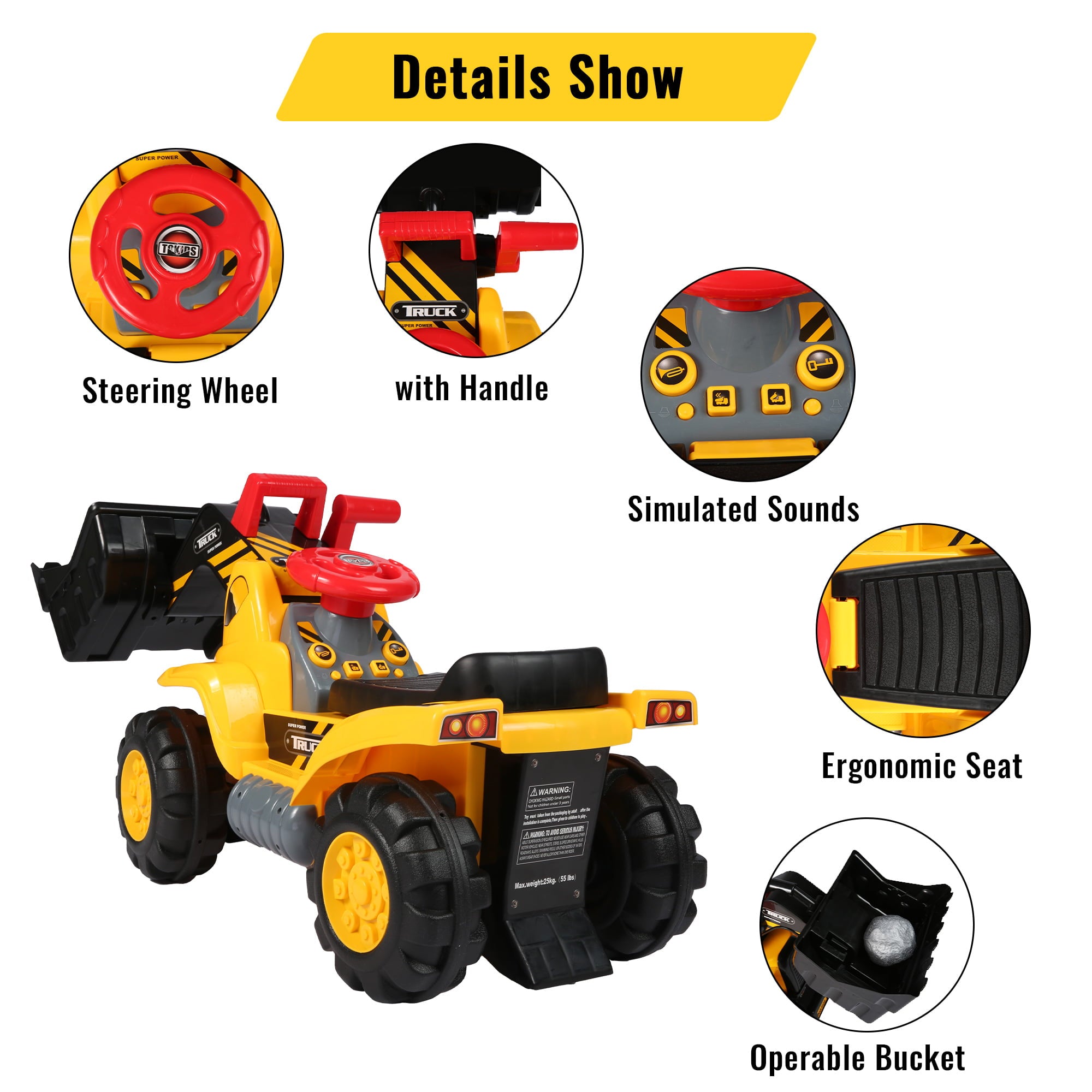 KARMAS PRODUCT Toddlers Ride-on Bulldozer Toy with Simulated Sounds - Kids Boys Construction Truck Vehicle with Bucket， Steering Wheel， Helmet， Rocks