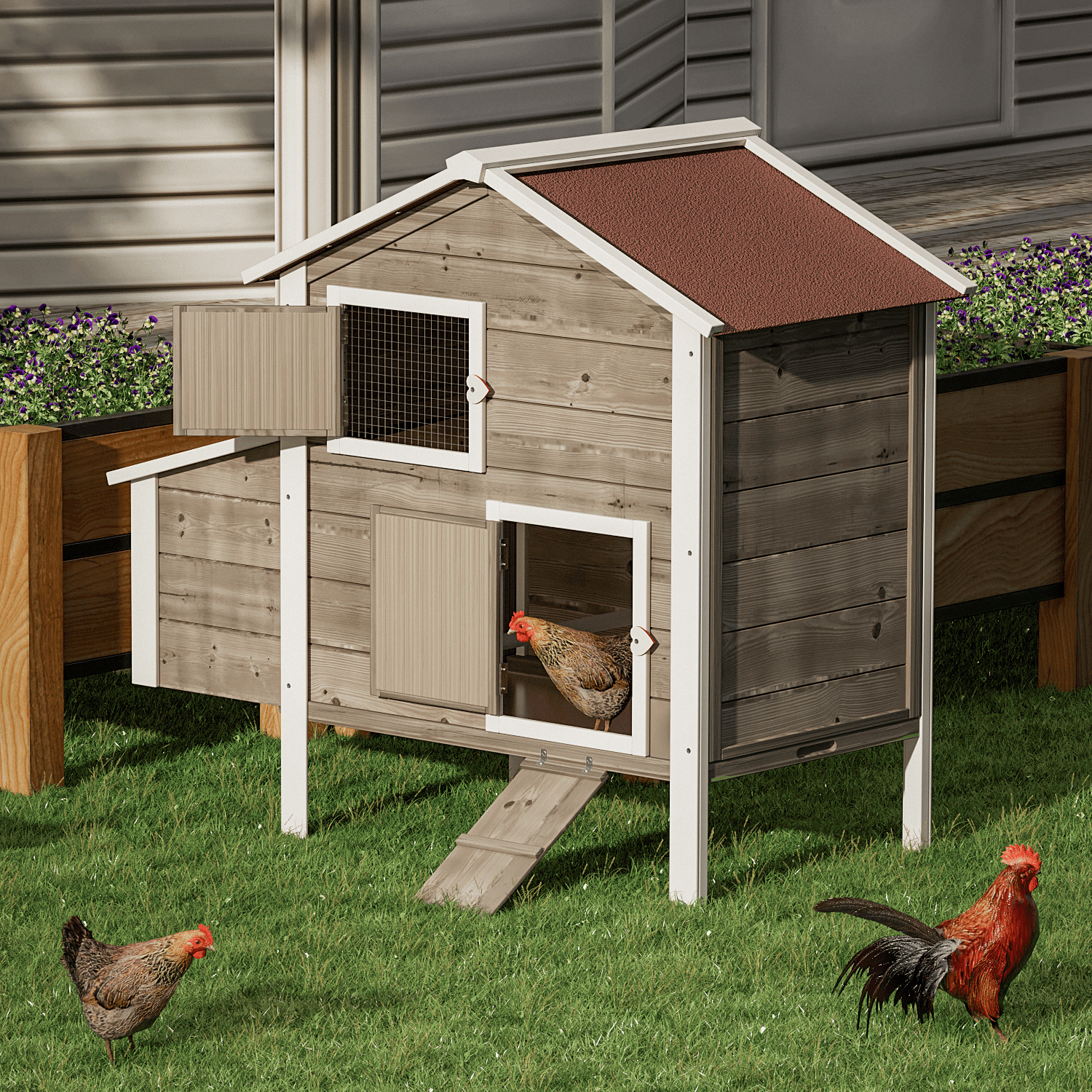 MoNiBloom Outdoor Chicken Coop with Nesting Box， Outdoor Hen House with Slide-Out Tray， Weatherproof Poultry Cage， Rabbit Hutch， Wood Duck House (Natural)