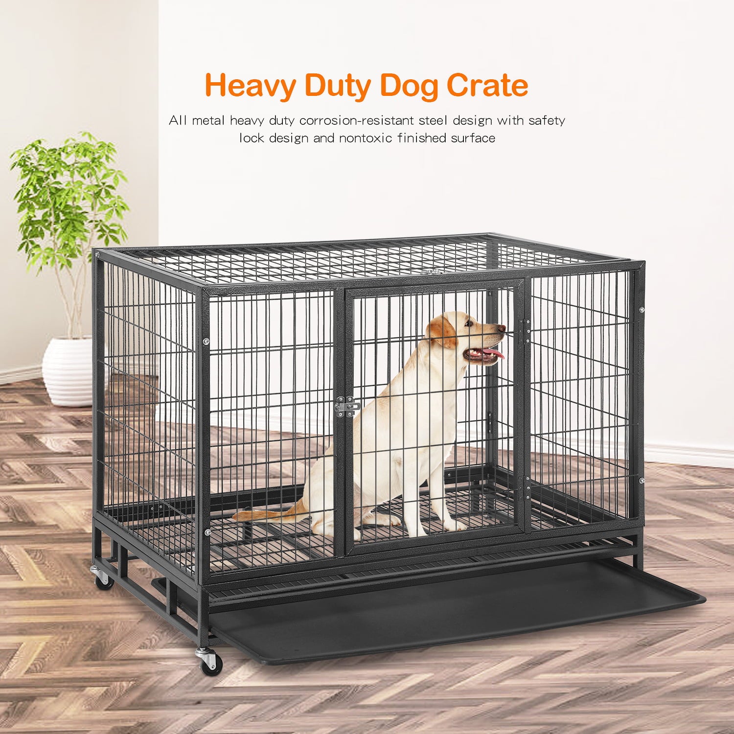 BestPet 48 inch Heavy Duty Dog Cage Large Dog Crate Strong Metal Dog Kennels with Double Doors，Lockable Wheels， Indoor Outdoor Dog Crates for Medium and Large Dogs with Removable Tray