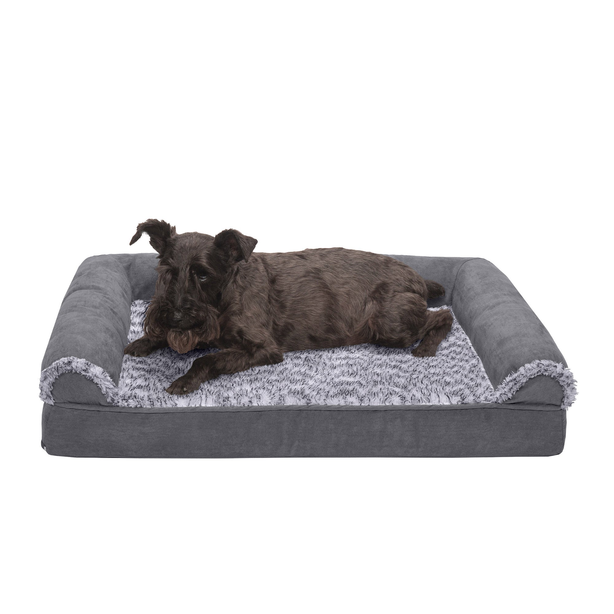 FurHaven Pet Dog Bed | Orthopedic Two-Tone Faux Fur and Suede Sofa-Style Couch Pet Bed for Dogs and Cats， Stone Gray， Medium