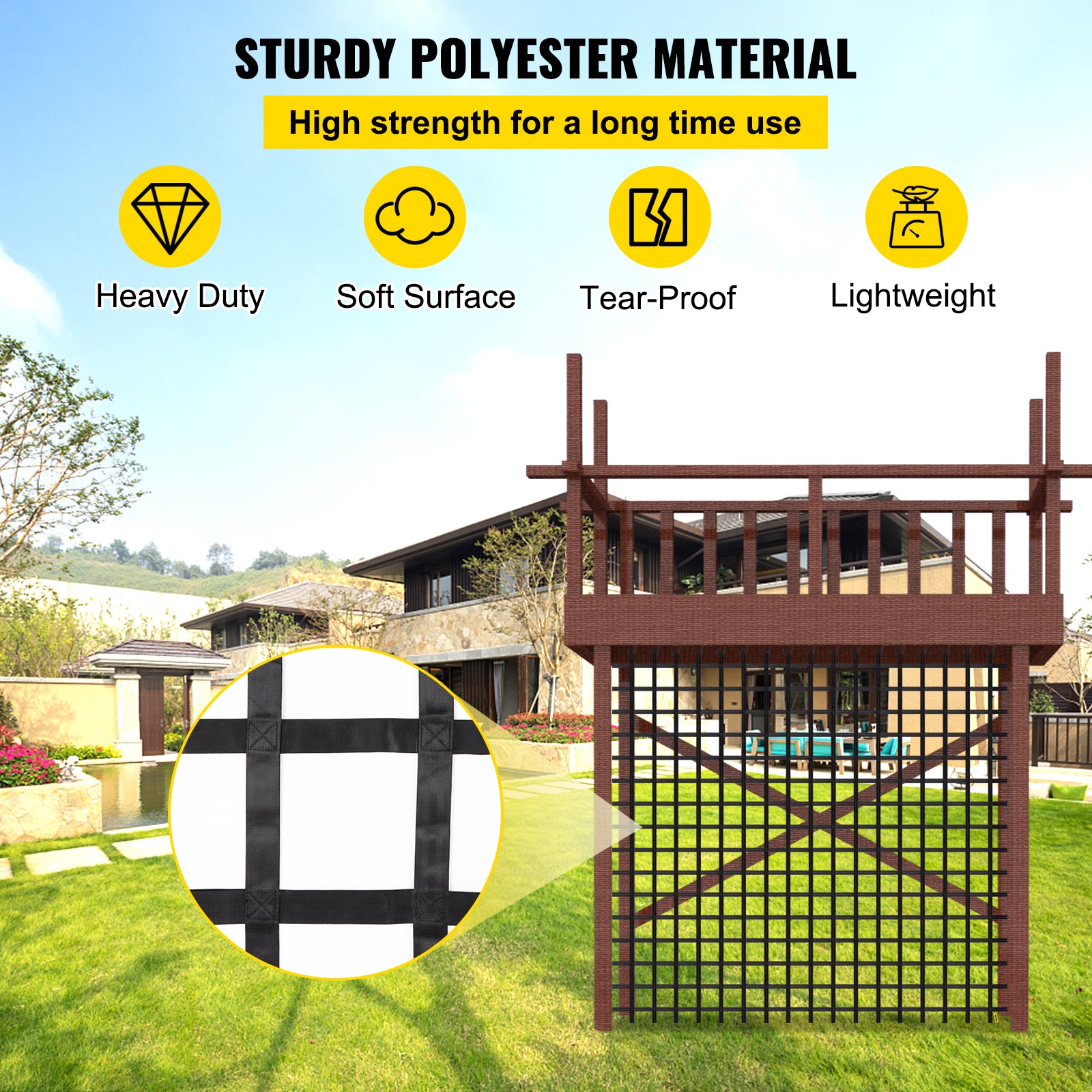 VEVOR Climbing Cargo Net， 12' x 12' Playground Climbing Net， Polyester Material， Rope Ladder， Swingset， Large Military Climbing Cargo Net for Kids and Adult， Indoor and Outdoor， Treehouse， Jungle Gyms