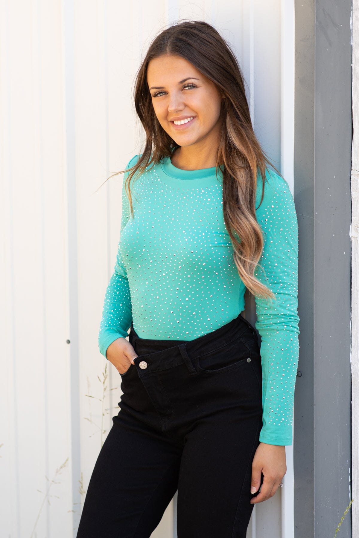 Mint Long Sleeve Bodysuit With Rhinestones