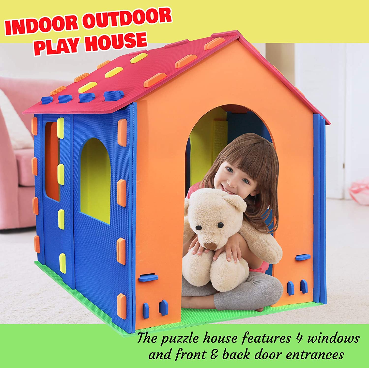 Click N' Play Giant Kids Foam Playhouse Play Tent for Boy and Girls Indoor and Outdoor, Interlocking Eva Foam Tiles.