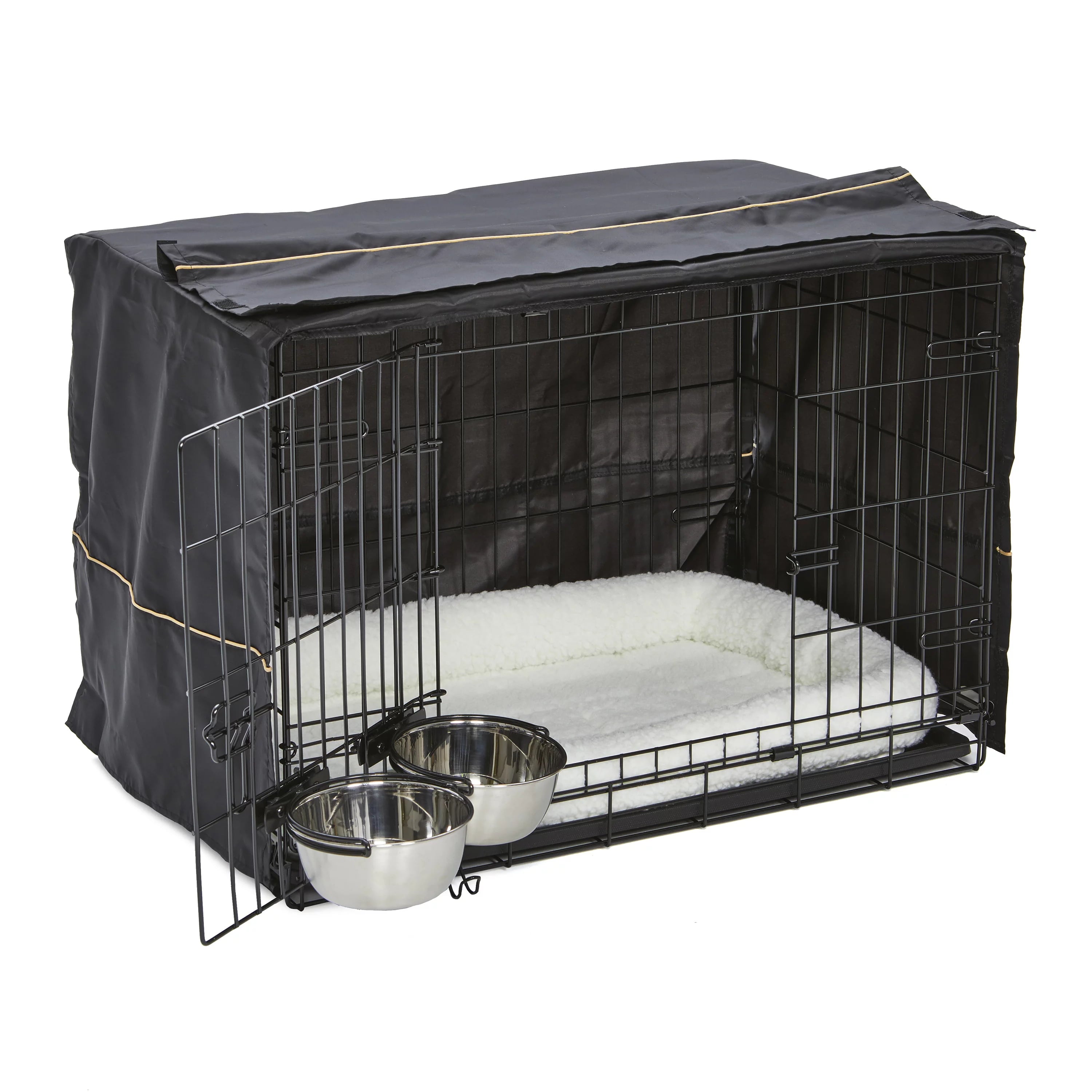 Dog Crate Starter Kit | 1 Double-Door iCrate， 1 Pet Bed， 1Crate Cover and 2 Pet Bowls， Medium 30