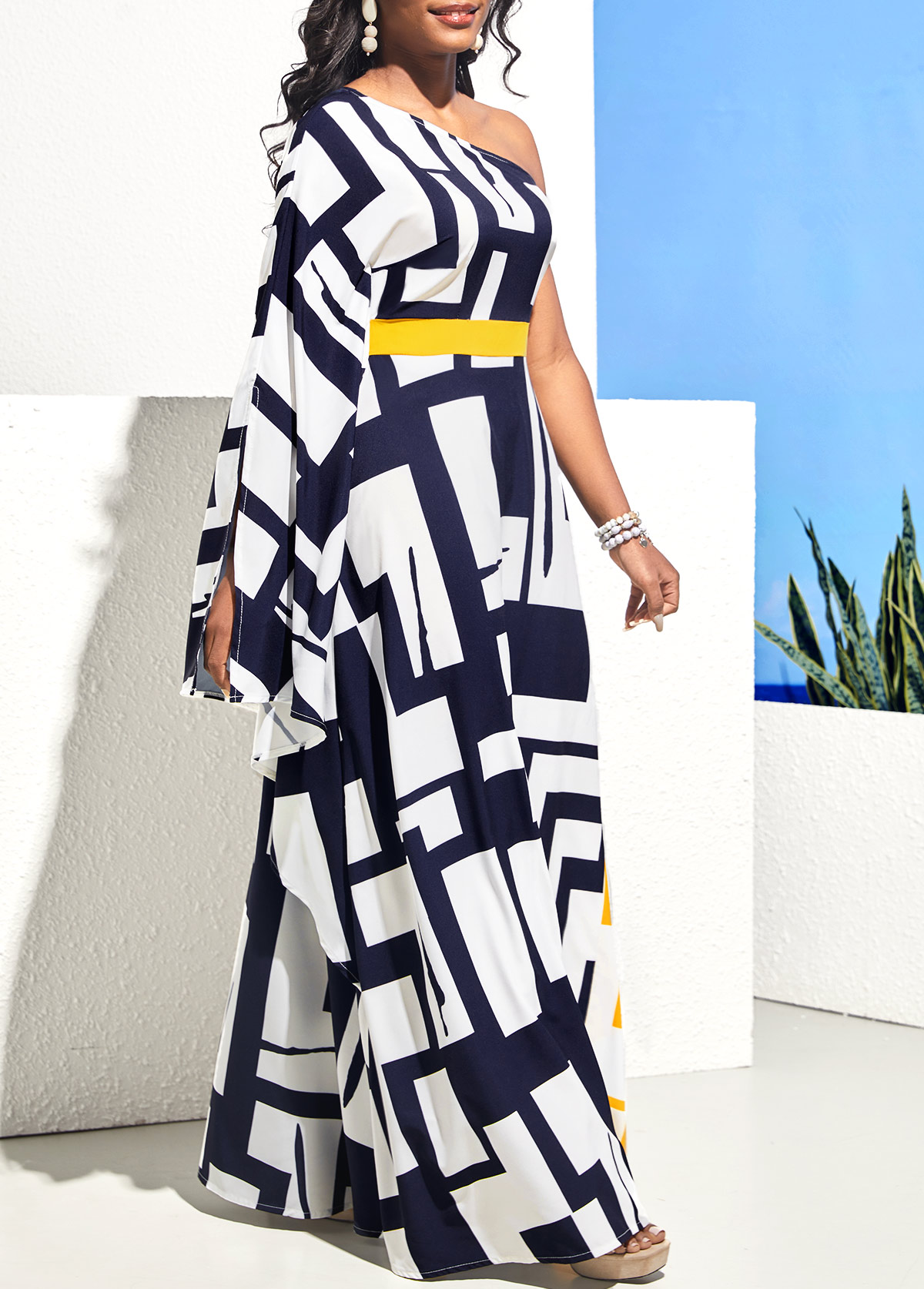 One Shoulder Navy Blue Geometric Print Maxi Dress