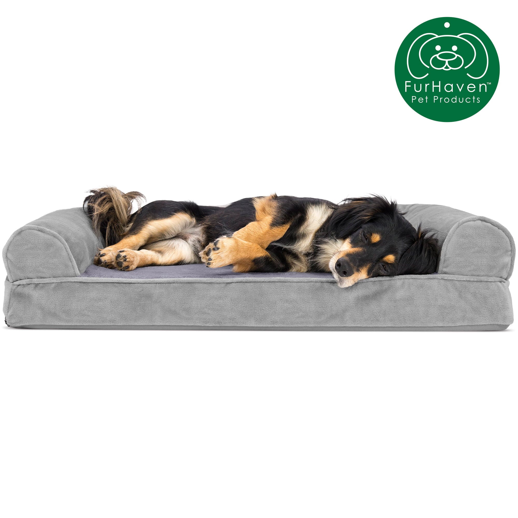FurHaven | Orthopedic Faux Fur and Velvet Sofa Pet Bed for Dogs and Cats， Smoke Gray， Medium