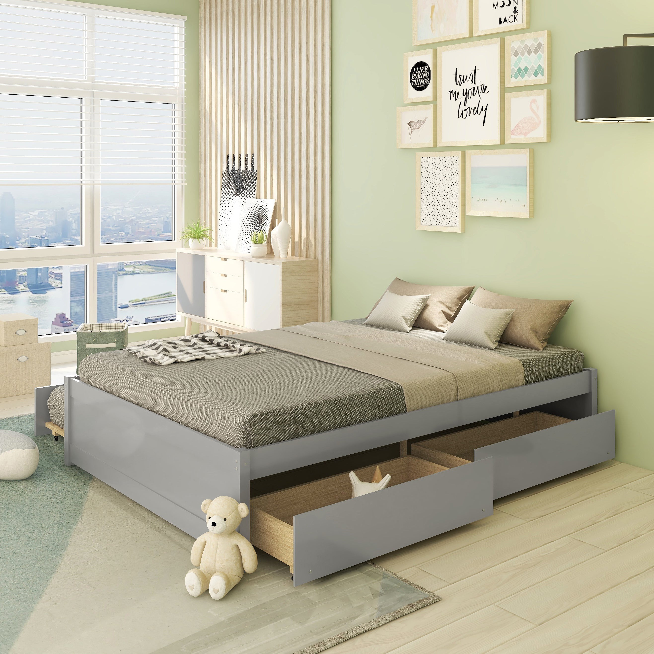Bellemave Full Bed with Trundle and Storage, Solid Wood Full Size Platform Bed Frame with Drawers, Space-Saving Full Bed for Kids Teens and Adults (Gray)