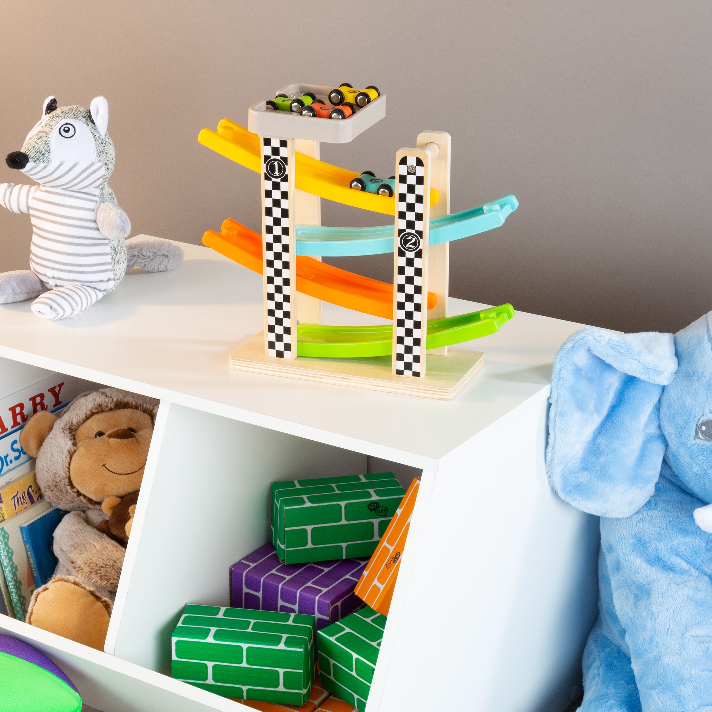 Toy Race Track and Racecar Set- Wooden Car Racer with 4 Colorful Cars by Hey! Play!