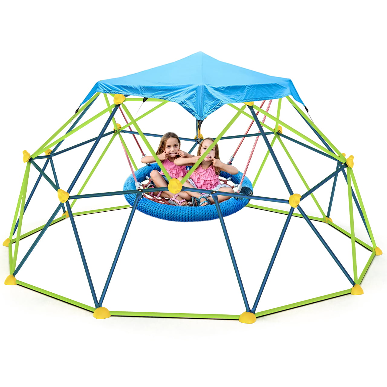 GIKPAL 10FT Jungle Gym with Canopy， Dome Climber for 10 Kids Outdoor Play Center， Supporting 1000lbs Rugged and Interesting Climbing Dome， Blue， and Green