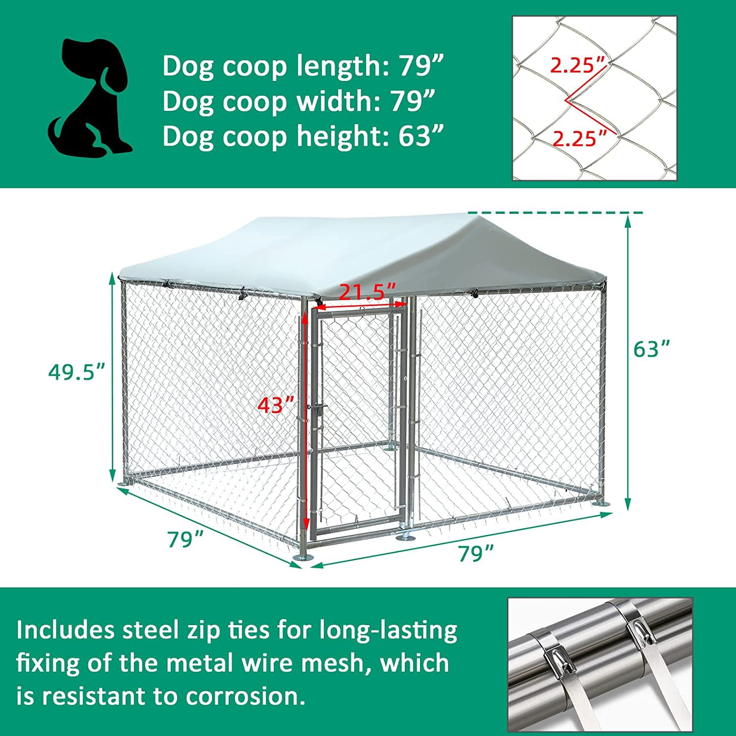 VIVIJASON Outdoor Large Dog Kennel Heavy Duty Fence Dog Cage with Galvanized Chain Link， Outside Pen Playpen Dog Run House with UV and Waterproof Cover and Secure Lock for Backyard