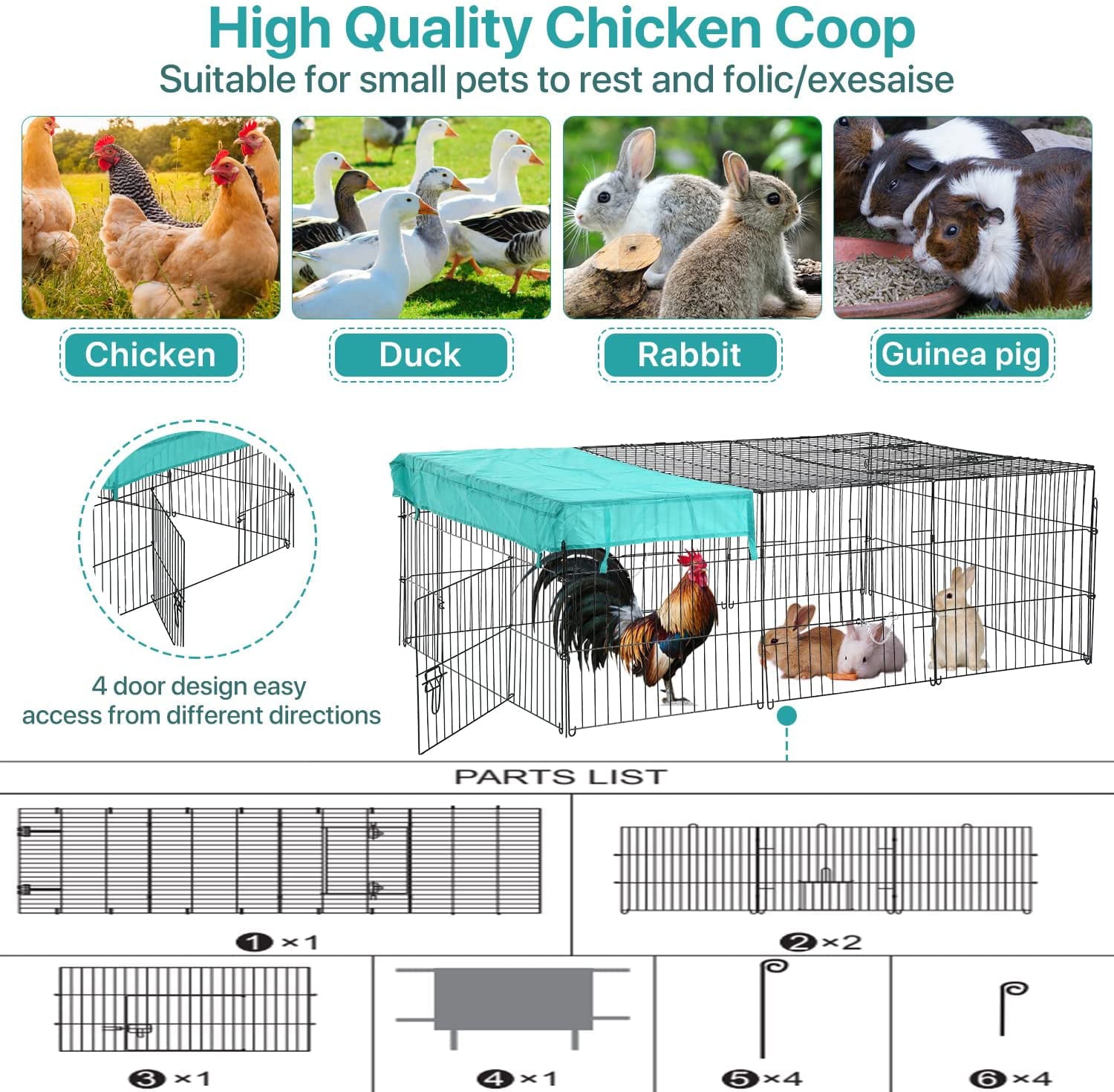 Dkeli Metal Chicken Coop Cage Walk-in Rabbit Enclosure Pen Outdoor Backyard Chicken Run Pen with Waterproof Cover for Rabbit Duck Hen， 72