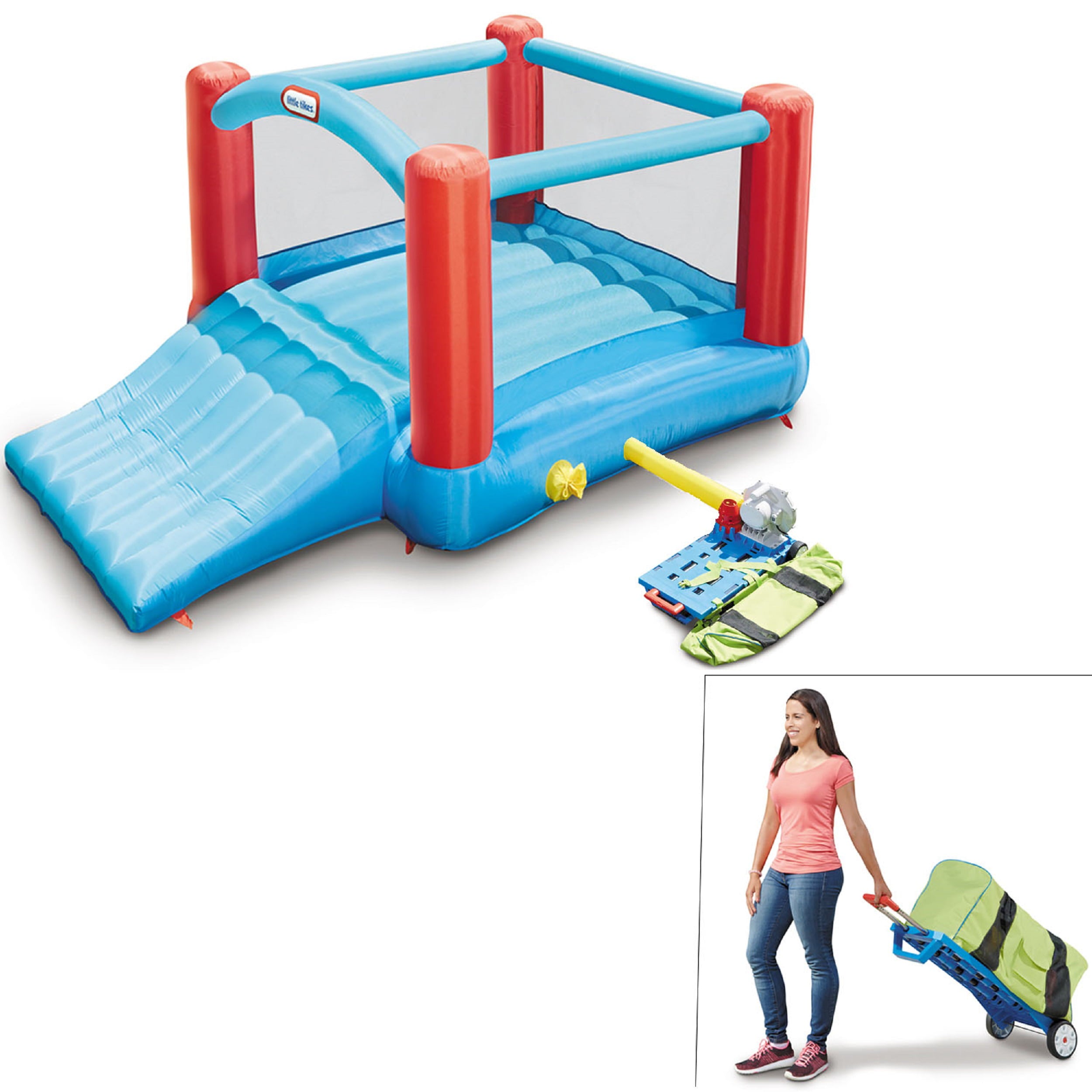 Little Tikes Pack 'N Roll 7'x7' Inflatable Bounce House with Slide， Blower and Wheeled Carry Case， Multicolor- Indoor Outdoor Toy for Kids Girls Boys Ages 3 4 5+