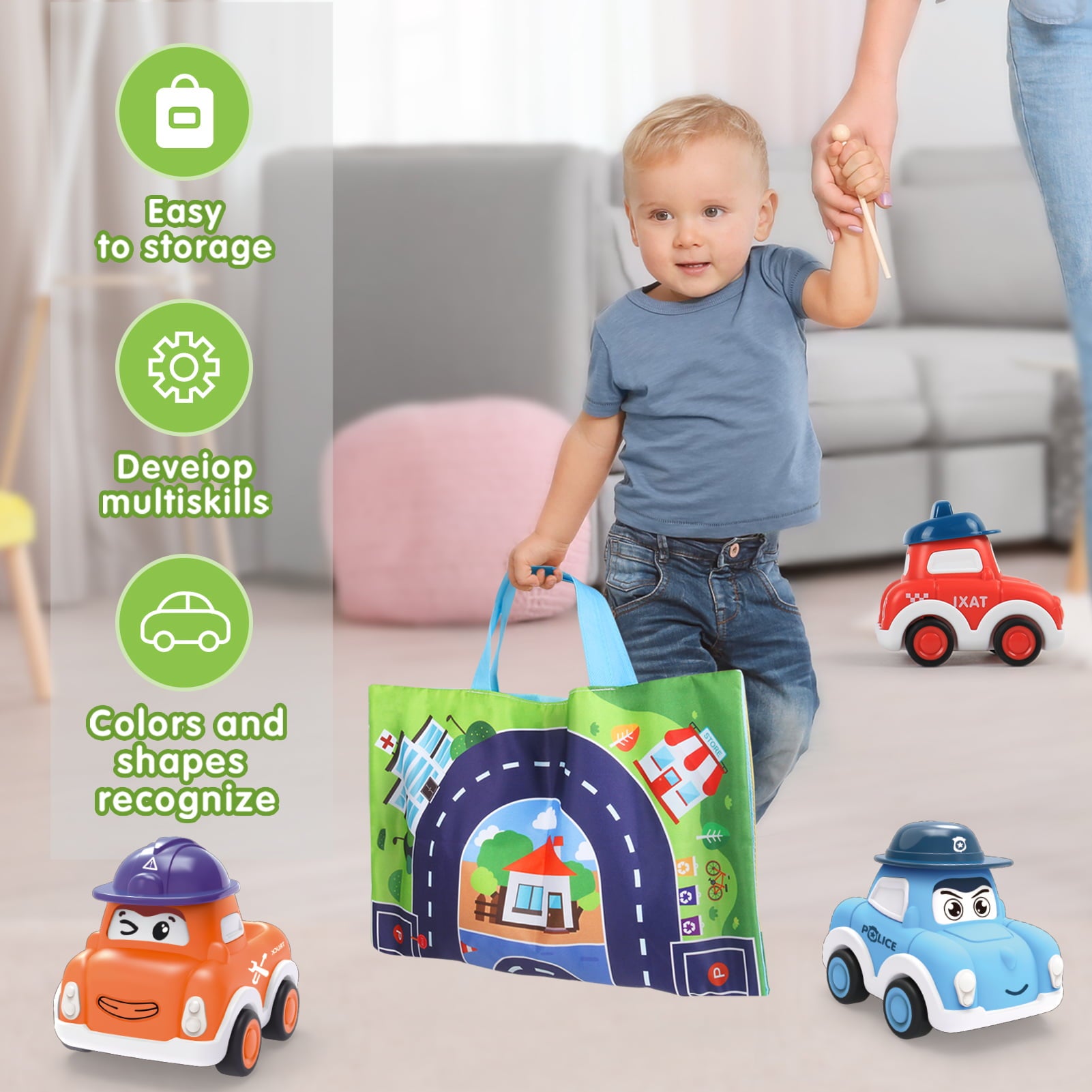 Pull Back Cars for Toddlers 1-3， Vehicles Toy for 1 Year Old Boy，6 Pieces Push and Go Mini Car Set with Playmat Storage Bag，Birthday Present for 1 Year Old Boy