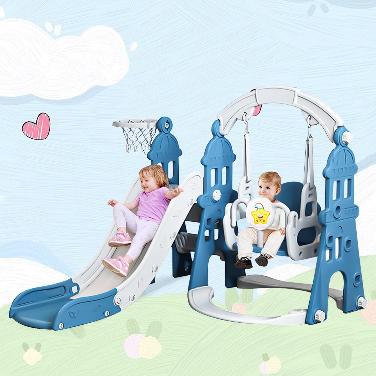 4 in 1 Toddler Slide and Swing Set， Kid Indoor Playground， Combination Slide Swing with Basketball Hoop， Extra Long Slide