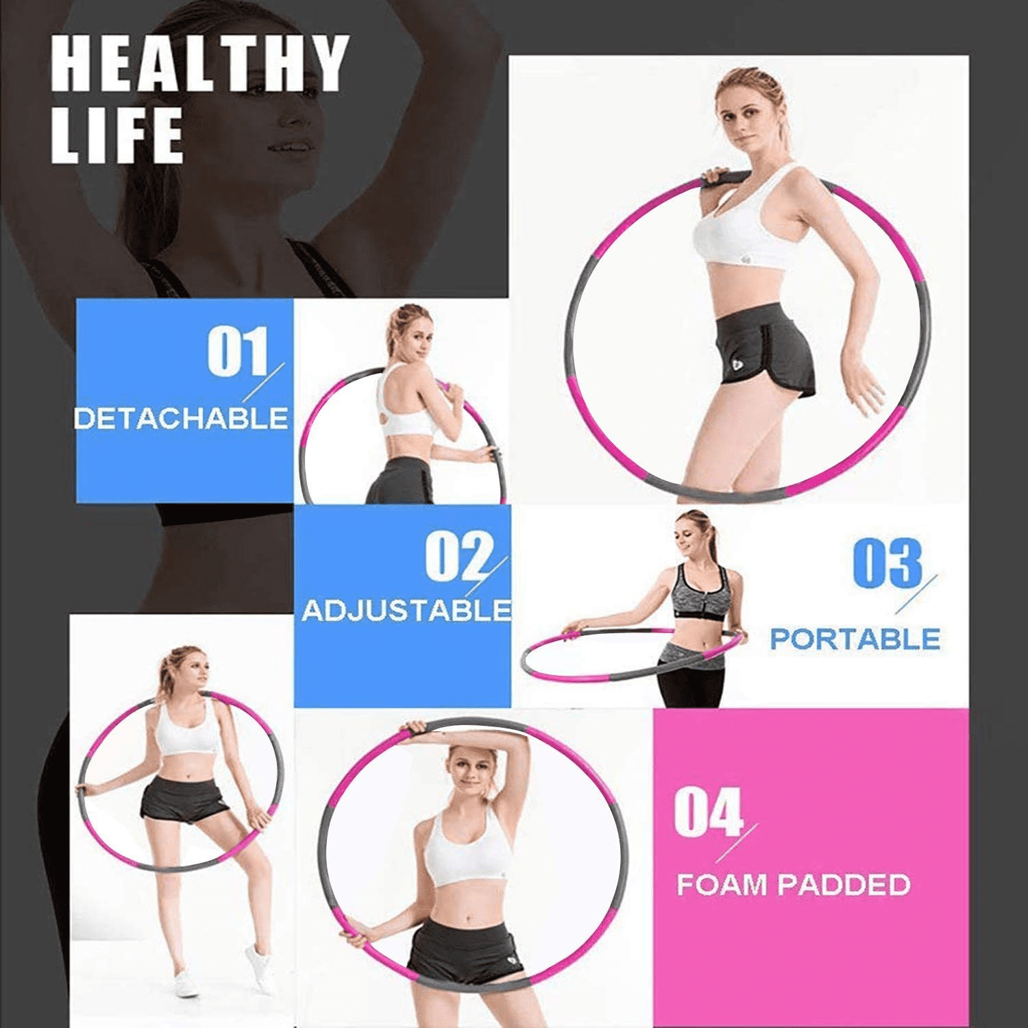 Fitness Exercise Weighted hoops，8 Sections Adjustable Exercise Hoop for Adults ，Professional Soft Workout Hoop for Exercise， Dance， Fitness and Fun