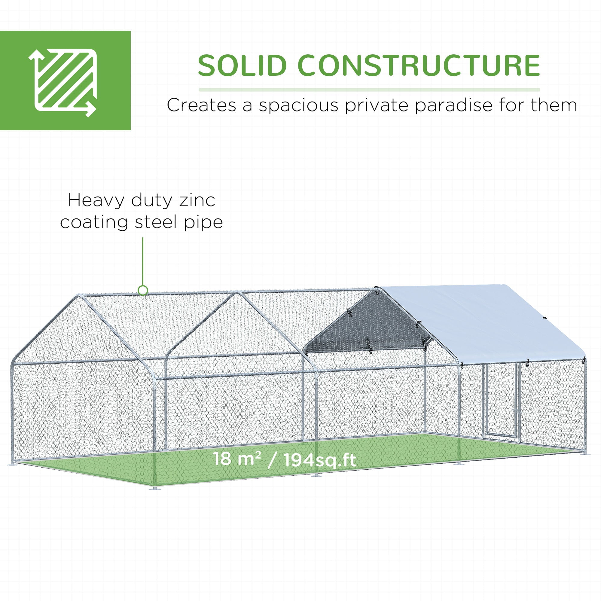 PawHut Galvanized Large Metal Chicken Coop Cage， 3 Room Walk-in Enclosure， Poultry Hen House with UV and Water Resistant Cover for Outdoor Backyard， 10' x 19.7' x 6.4'