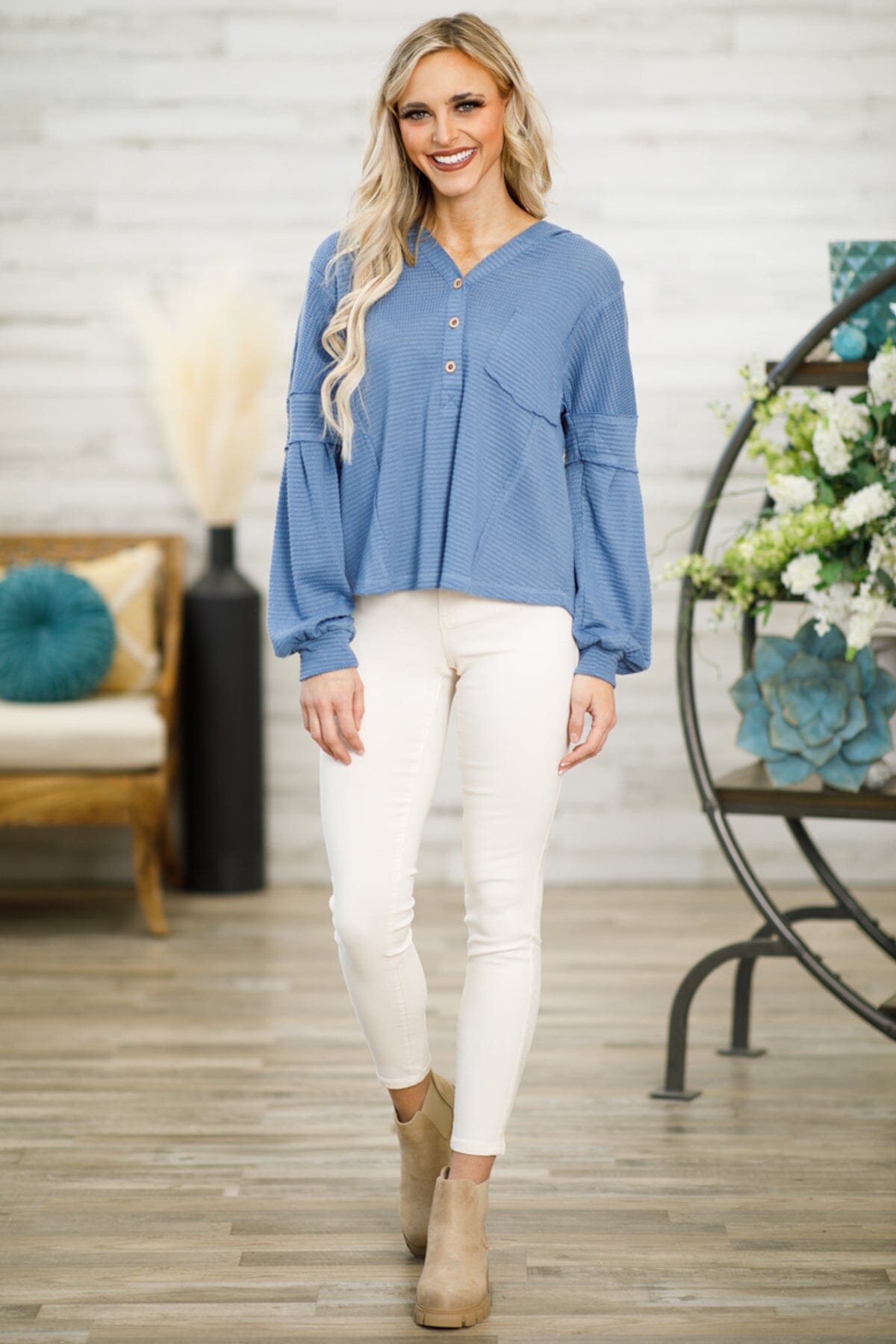 Cornflower Waffle Knit Hooded Top With Pocket