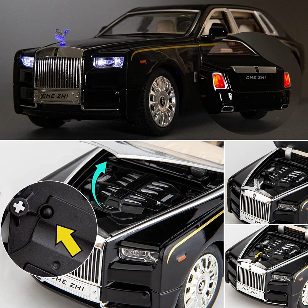 Cocobaby Upgrade Version -Exquisite car Model 1/24 Rolls-Royce Phantom Model Car，Zinc Alloy Pull Back Toy car with Sound and Light for Kids Boy Girl Gift. (Black-Black)