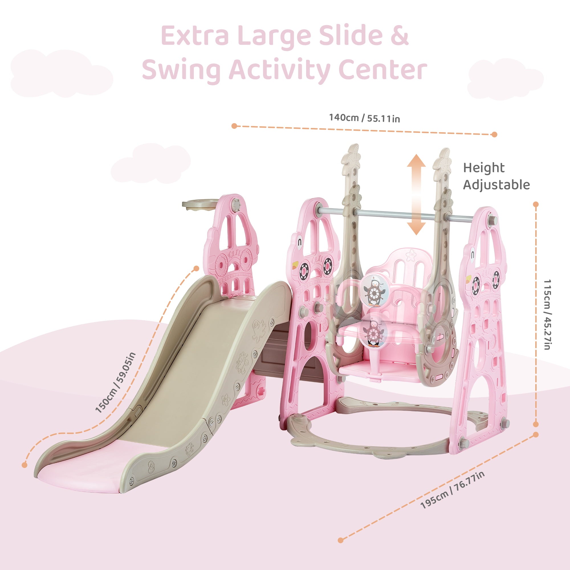 DUKE BABY 4-in-1 Kids Swing and Slide Set for Toddler Age 1-6， Extra Large Baby Indoor Outdoor Activity Playground with Basketball Hoop and Climber – Pink