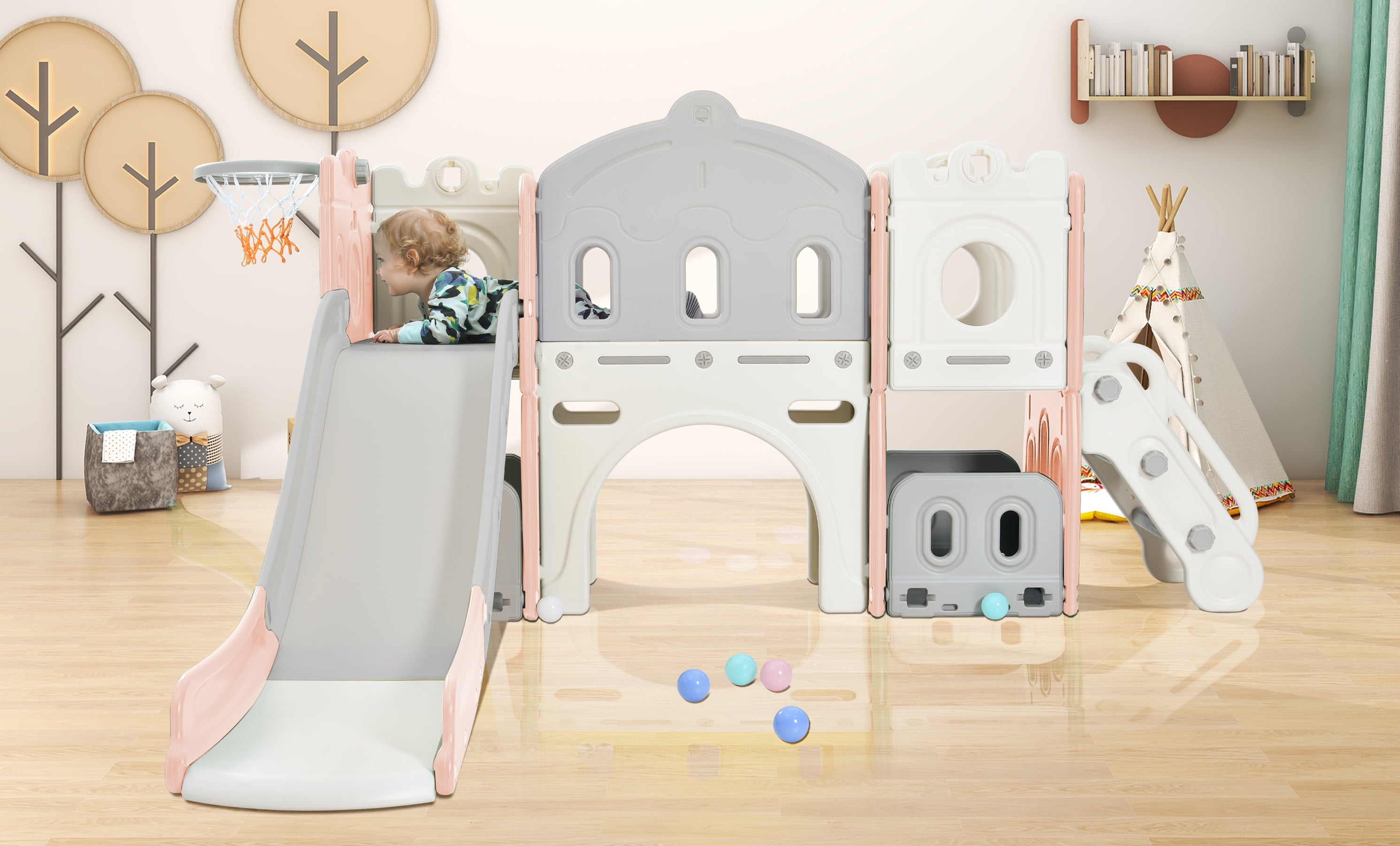 Andoer Kids Slide Playset Structure， Freestanding Castle Climber with Slide and Basketball Hoop， Toy Storage Organizer for Toddlers， Kids Climbers Playhouse for Indoor Outdoor Playground Activity