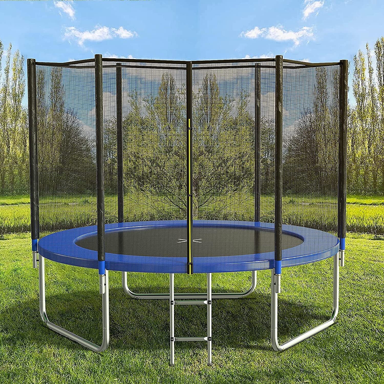 SKONYON 10 FT Trampoline with Safe Enclosure Net 680 lbs Outdoor Fitness Trampoline with Waterproof Jump Mat Ladder