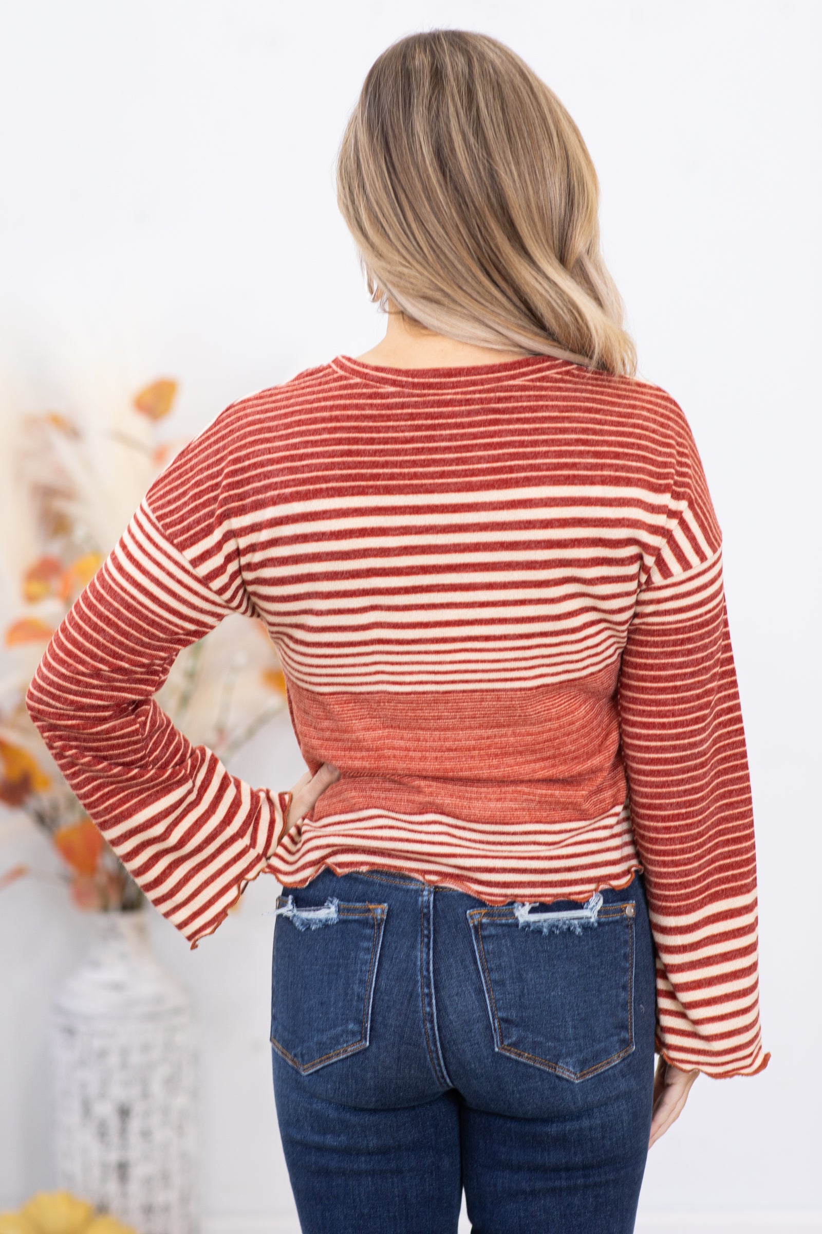 Wine Lettuce Hem Stripe Top