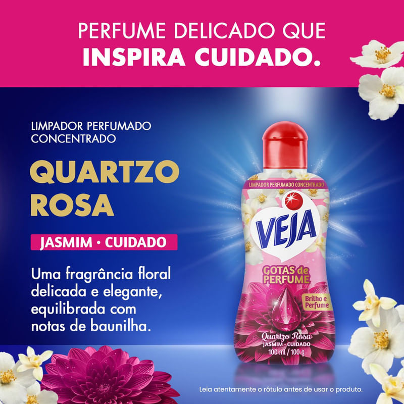 Veja Gotas de Perfume Quartzo Rosa Jasmim Limpador Perfumado Concentrado 100 ml