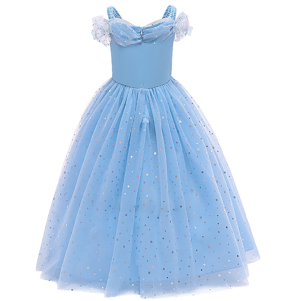 IMEKIS Cinderella Costume for Toddler Girls Princess Costumes Cinderella Dress Up Jewelry Set Crown Fairy Wand Baby Kids Halloween Cosplay Role Play Birthday Outfit 4-5 Years Blue Sequin