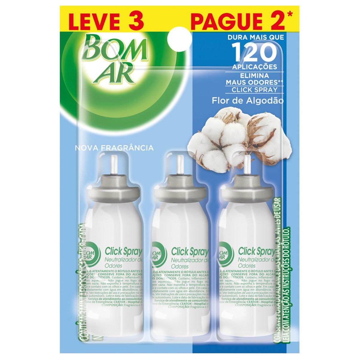 Aromatizador Bom Ar Click Spray Refil Leve 3 Pague 2 Flor de Algodao