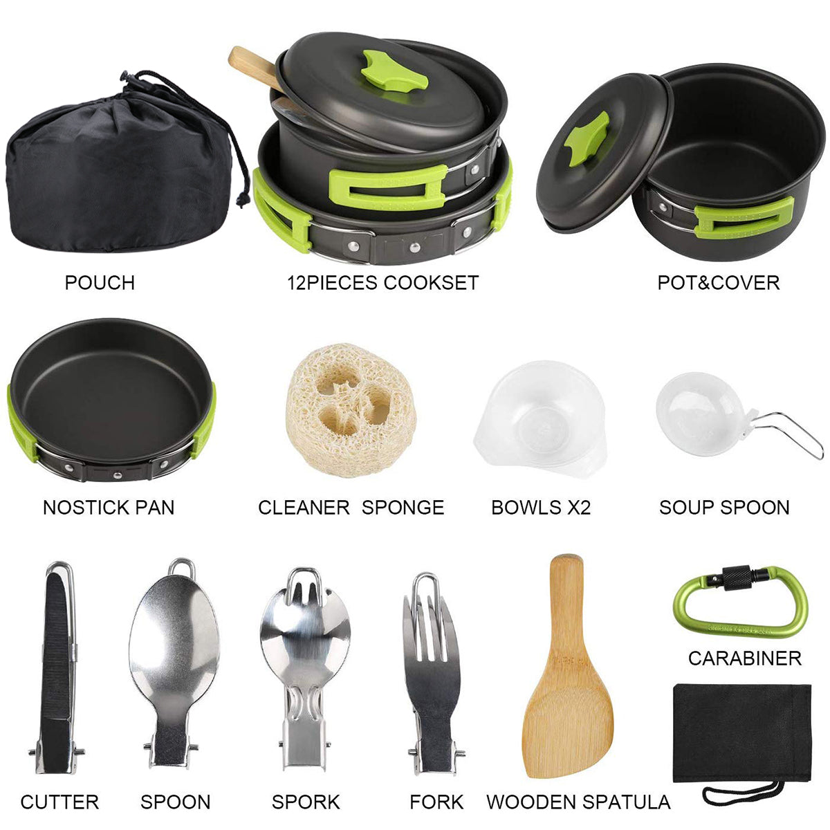 Camping Cookware, 15Pcs Backpacking Gear Hiking Outdoors Non Stick Camping Cookware Set 1-2 People Lightweight Compact Durable Pot Pan Bowls